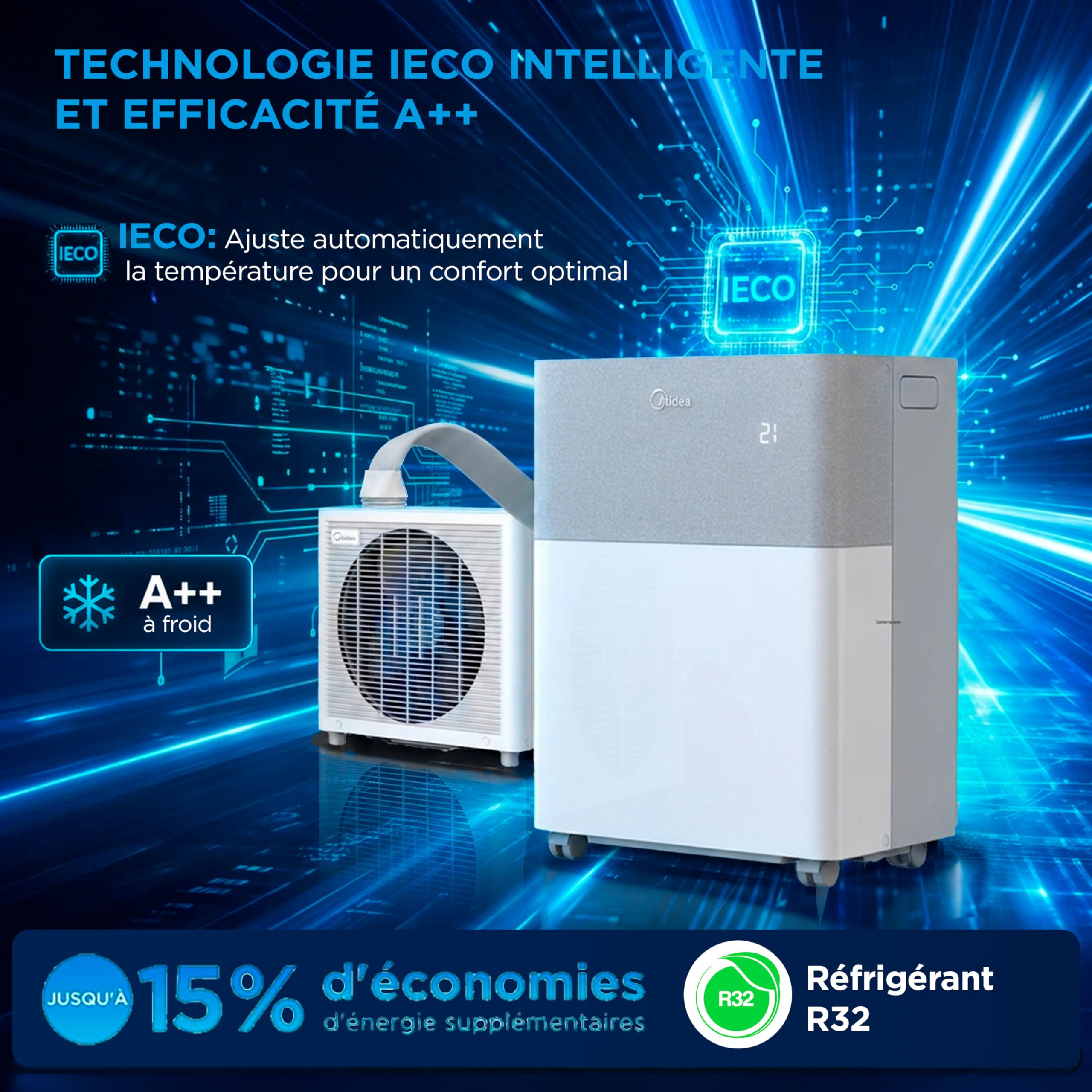 MIDEA Climatiseur PortaSplit Mobile Silencieux 4-in-1| 12000 BTU | Chauffage et Climatisation Portable Prêt à Poser 3,5kW- Clim Mobile avec rafraîchisseur, déshumidificateur, chauffage,ventilateur