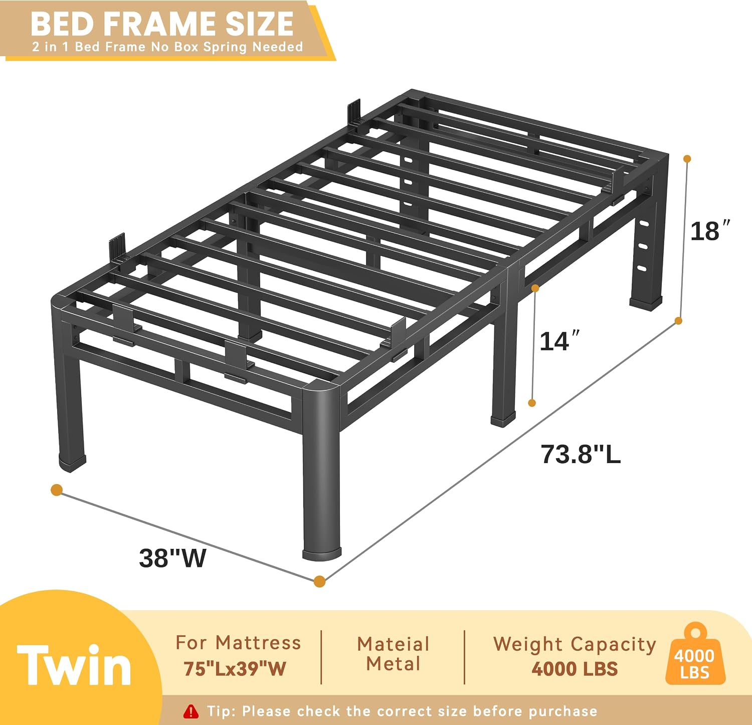 Twin Size Bed Frame,18 Inch Metal Heavy Duty Double Layer Platform Black
