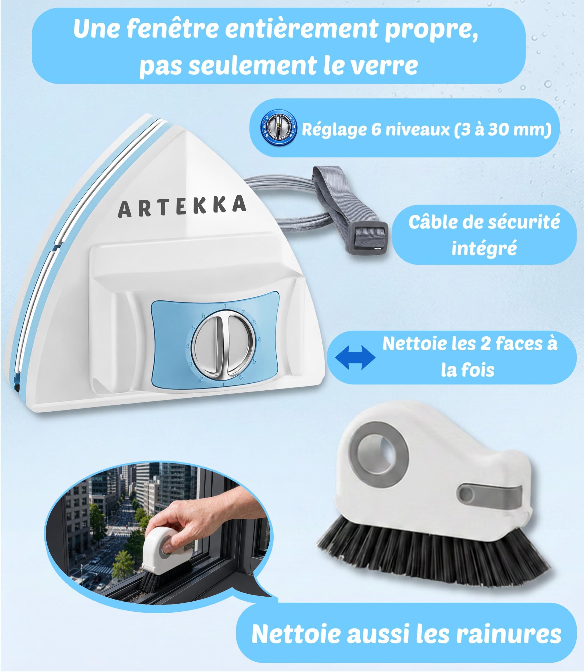 Lave Vitre Magnétique Double Vitrage 3-30 mm Brosse à Rainures Nettoyage Intérieur Extérieur Vitres Inaccessibles Kit Complet avec Recharges et Câble de Sécurité (1, Blanc Bleu et Gris)