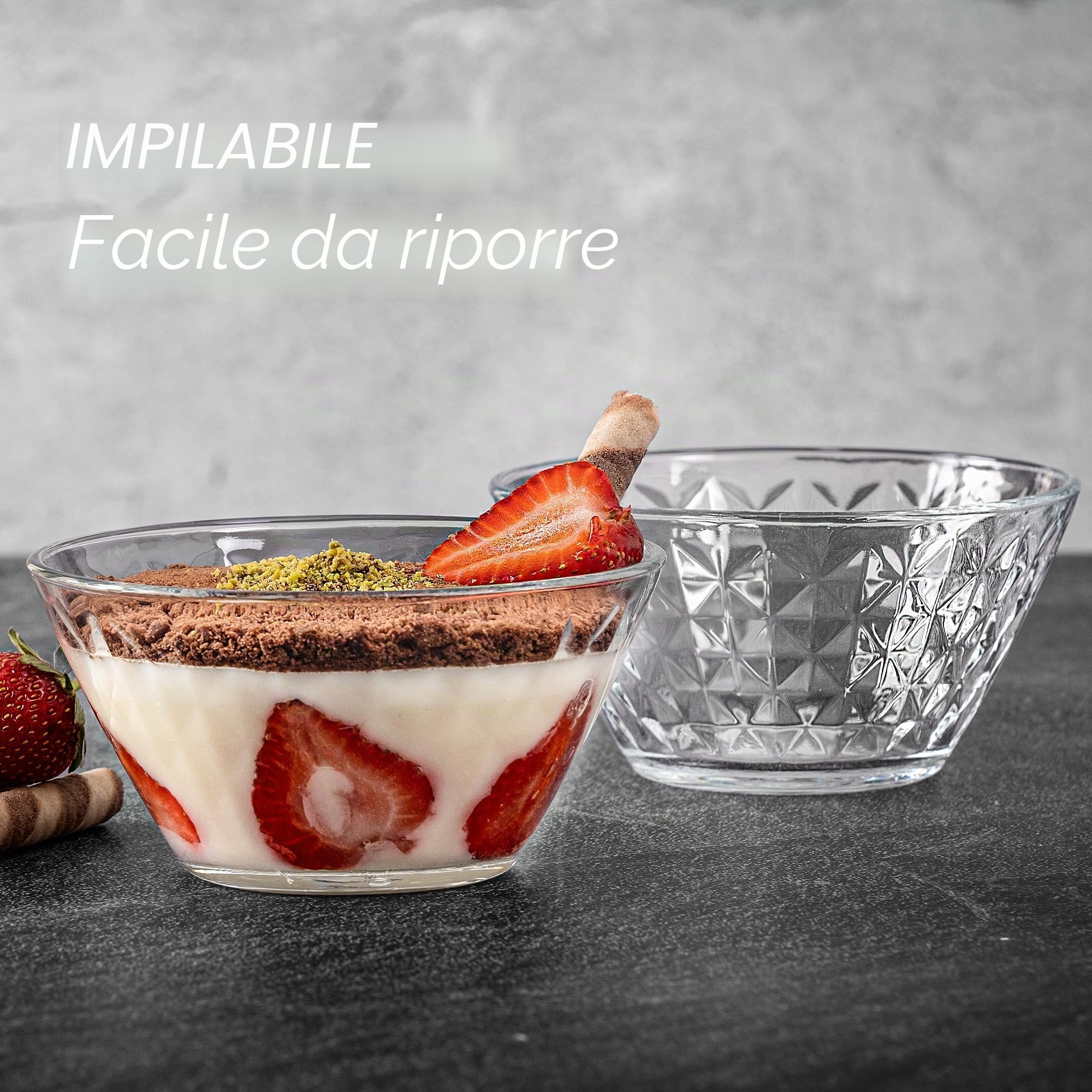 CRYSTALIA Ciotola Premium Impilabile in Vetro 330ml Senza Piombo - Coppe Gelato, Bicchieri da Dessert, Ciotola per Budino, Tazza da Immersione, Coppette Vetro