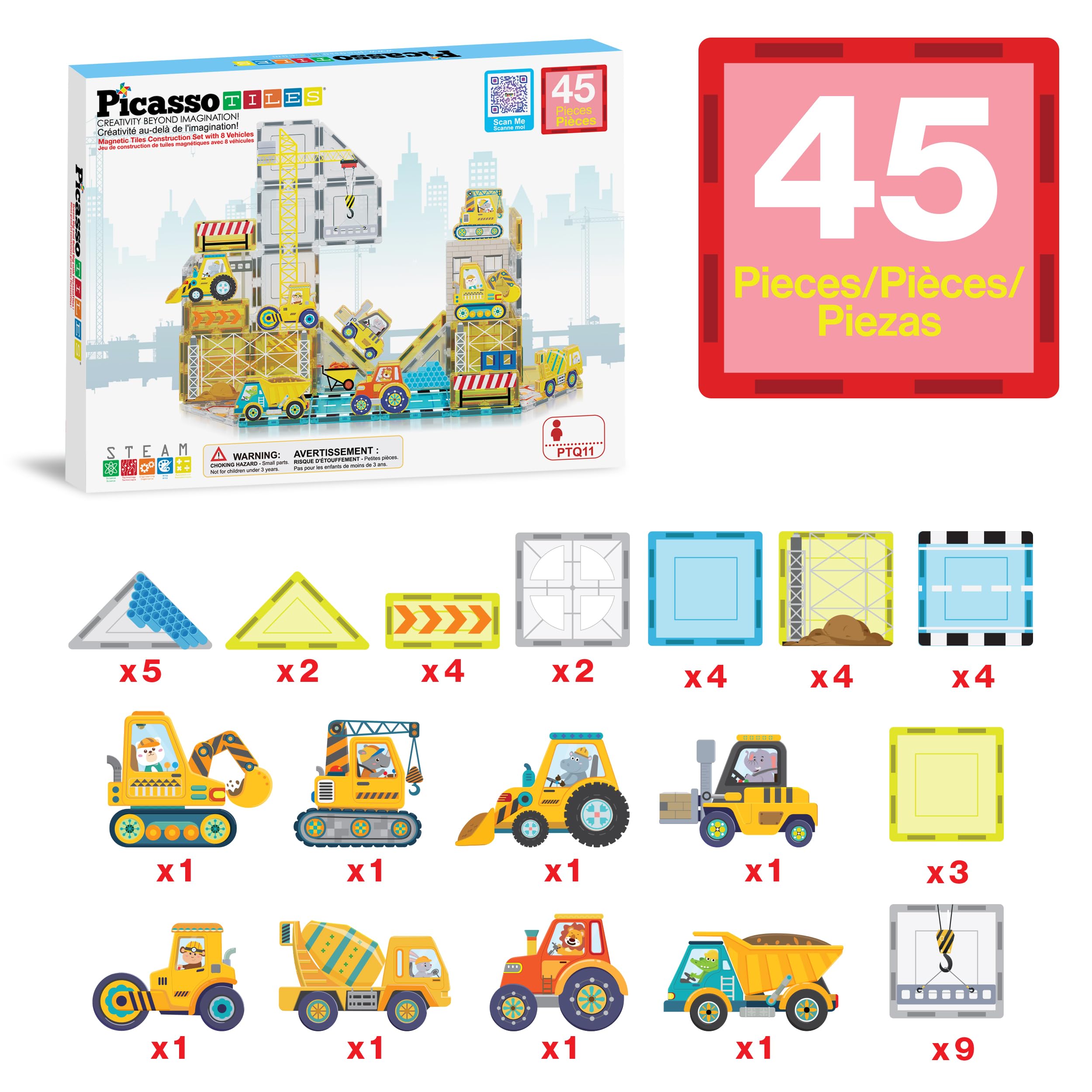 PicassoTiles Magnet Tiles Magnetic Building Blocks with 8 Construction Vehicles Crank Truck Excavator Bulldozer Road Roller Concrete Mixer Tractor Dump Truck Forklift Toys Learning Kids Ages 3+ PTQ11 - Image 3