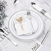Vista 5 de BESTVIP 350PCS Silver Plastic Dinnerware Set, Disposable Party Plates for 50 Guests, Include: 100 Plastic Plates, 50 Pre Rolled Napkins with Silver