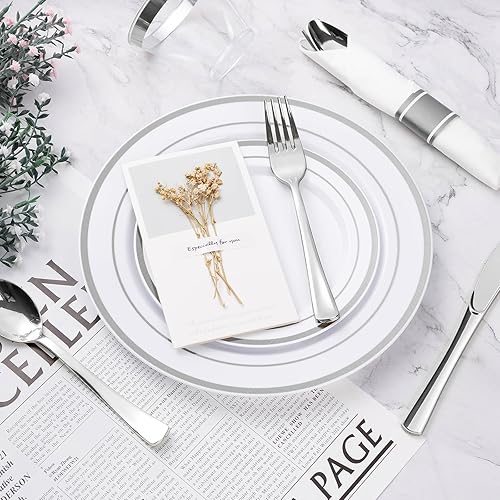 Miniatura 5 de Juego de vajilla de plástico plateado de 350 piezas, platos de fiesta desechables para 50 invitados, incluye 100 platos de plástico, 50 servilletas