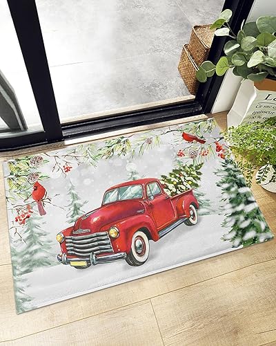Alfombra de baño esponjosa para camión rojo, cardenal de Navidad, antideslizante, alfombra suave para piso, árbol de Navidad, conos de pino, nieve,