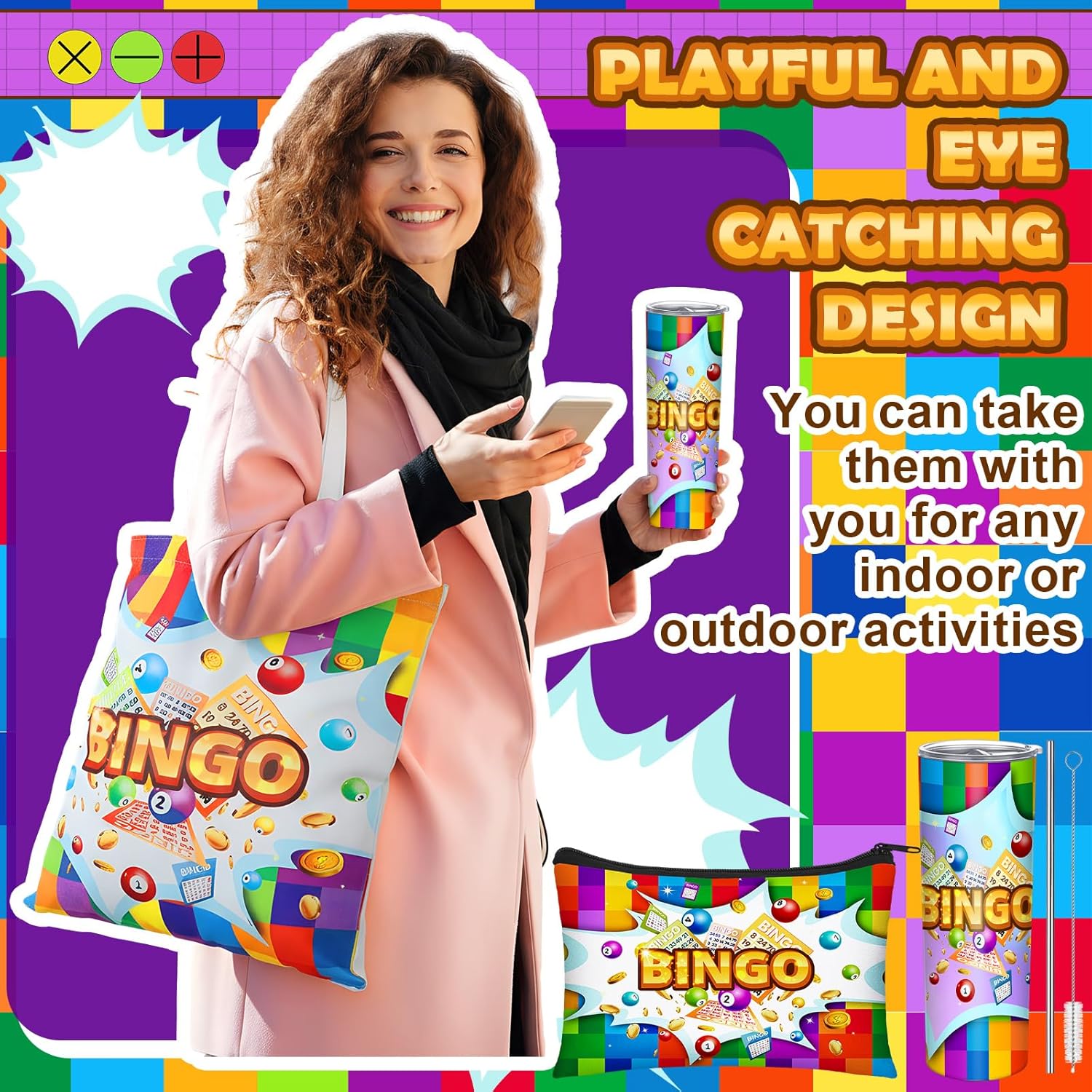 Geiserailie 4 Pcs Bingo Game Gifts for Women Include 20 oz Stainless Steel Tumbler with Lid and Straw Cosmetic Bag Novelty Crew Socks Tote Bag for Women Bingo Lovers
