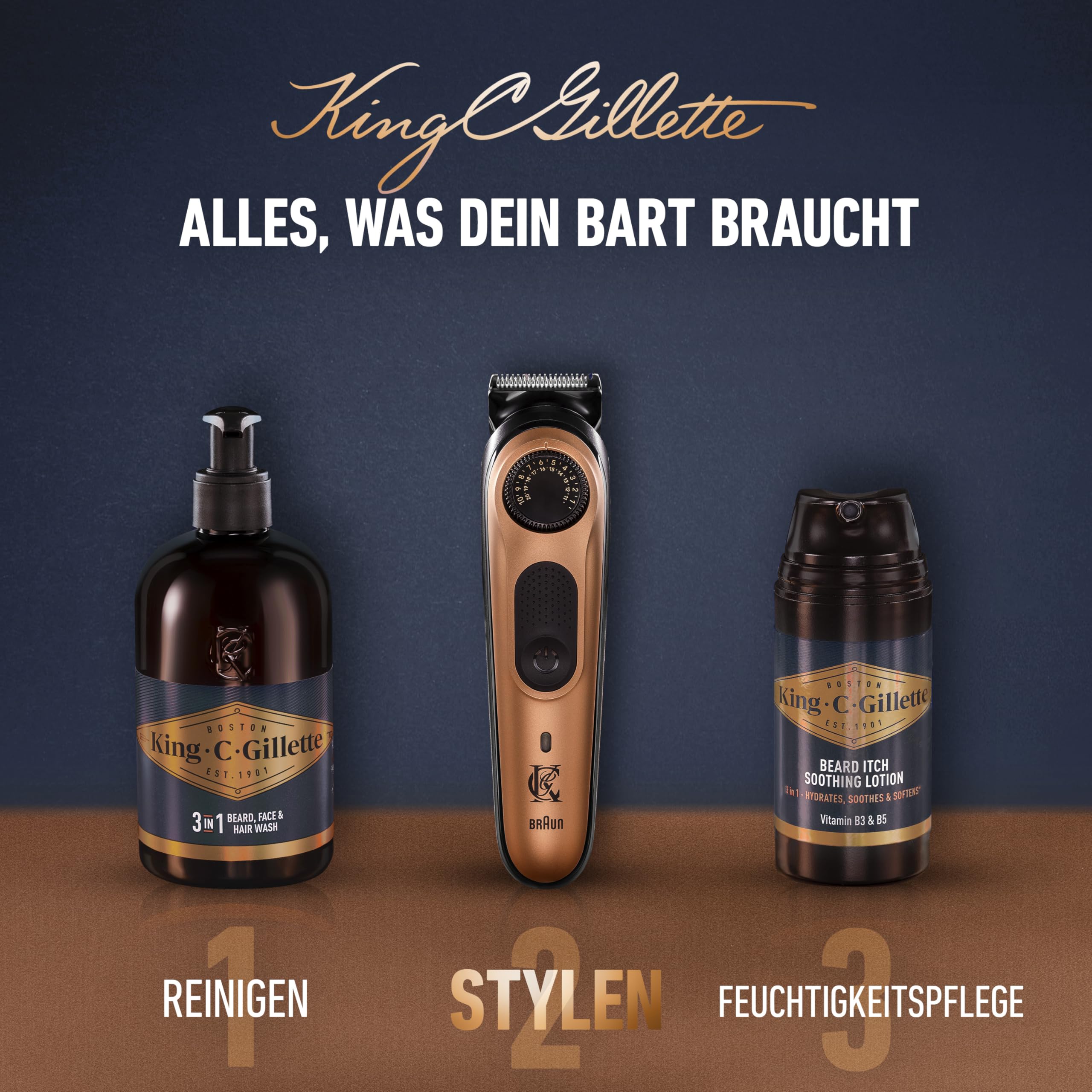 King C. Gillette Barttrimmer Pro, Bartschneider Herren, Kupfer | Trimmer mit Präzisionsrad, Kabelloser Bart Rasierer, Inkl. Reinigungsbürste, 3 Auswechselbare Kammaufsätze Und Ladegerät