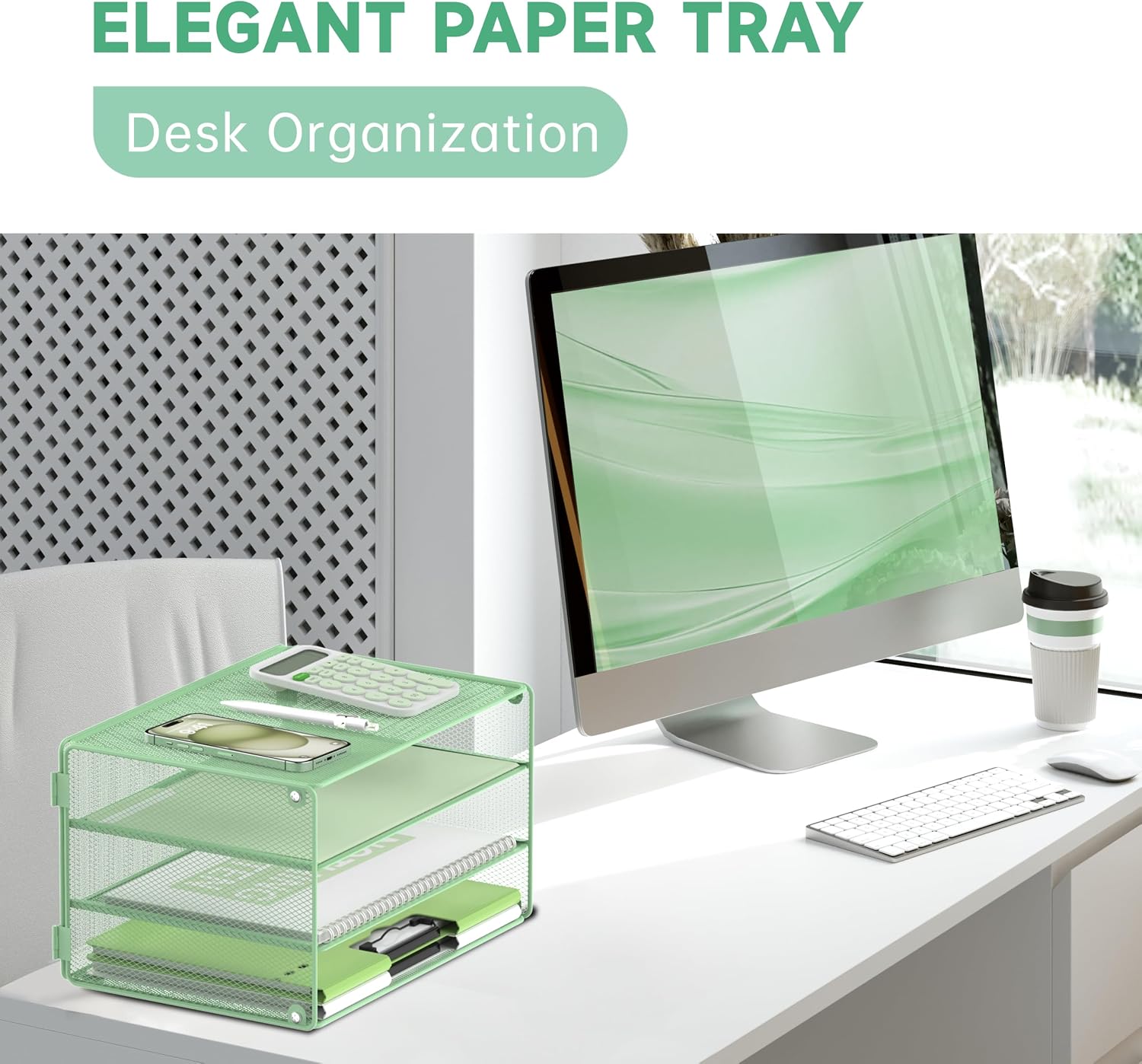 DALTACK 3 Tier Letter Tray Paper Organizer with Sliding Trays Mint Green image 5