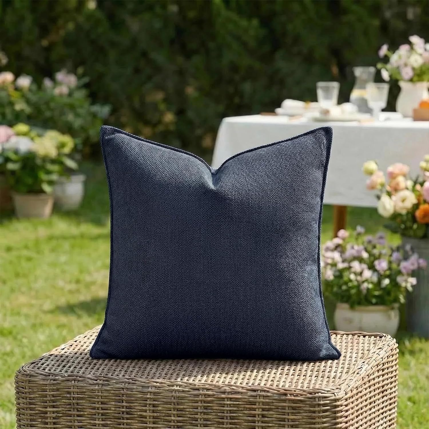 Fancy Homi Pack of 2 Waterproof Soft Chenille Decorative Outdoor Throw Pillow Covers Solid Navy Blue Summer Farmhouse Boho Patio Cushion Cases 26x26 Inch for Garden Balcony Tent Couch Sofa Bed Chair