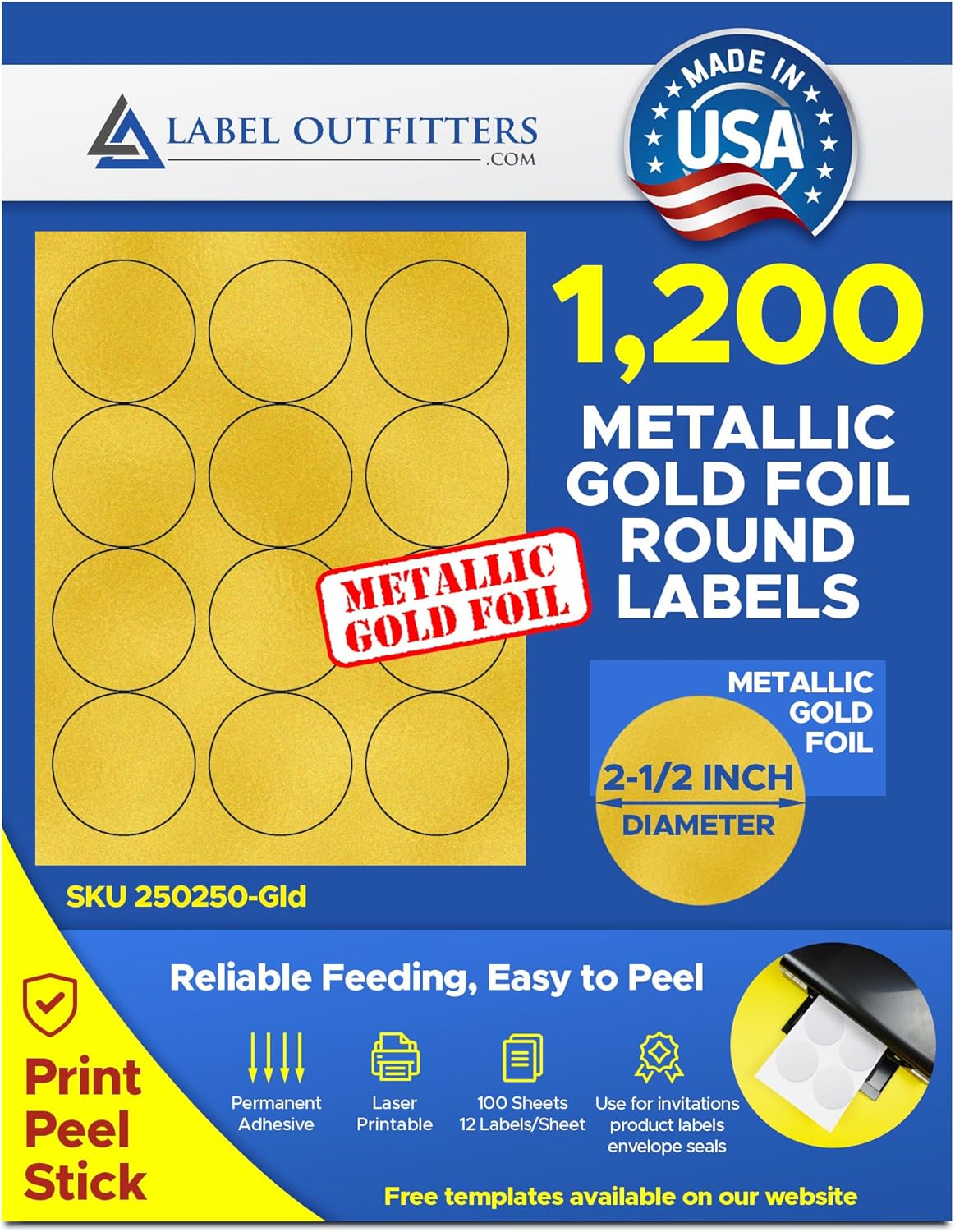 1,200 Label Outfitters Blank Printable Metallic Gold Foil Round Laser Product Labels 2-1/2" Diameter 100 Sheets