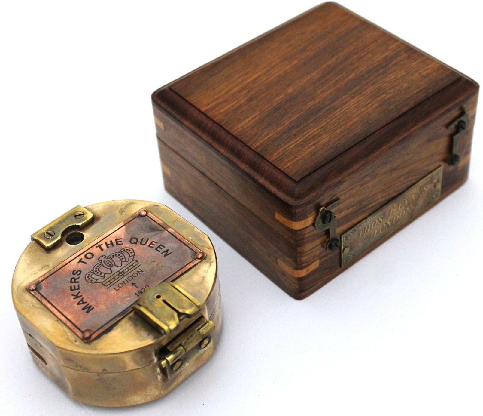 casanova nauticals Collectable Brass Pocket Transit Compass with wooden BOX - Maker to the Queen, London 1920