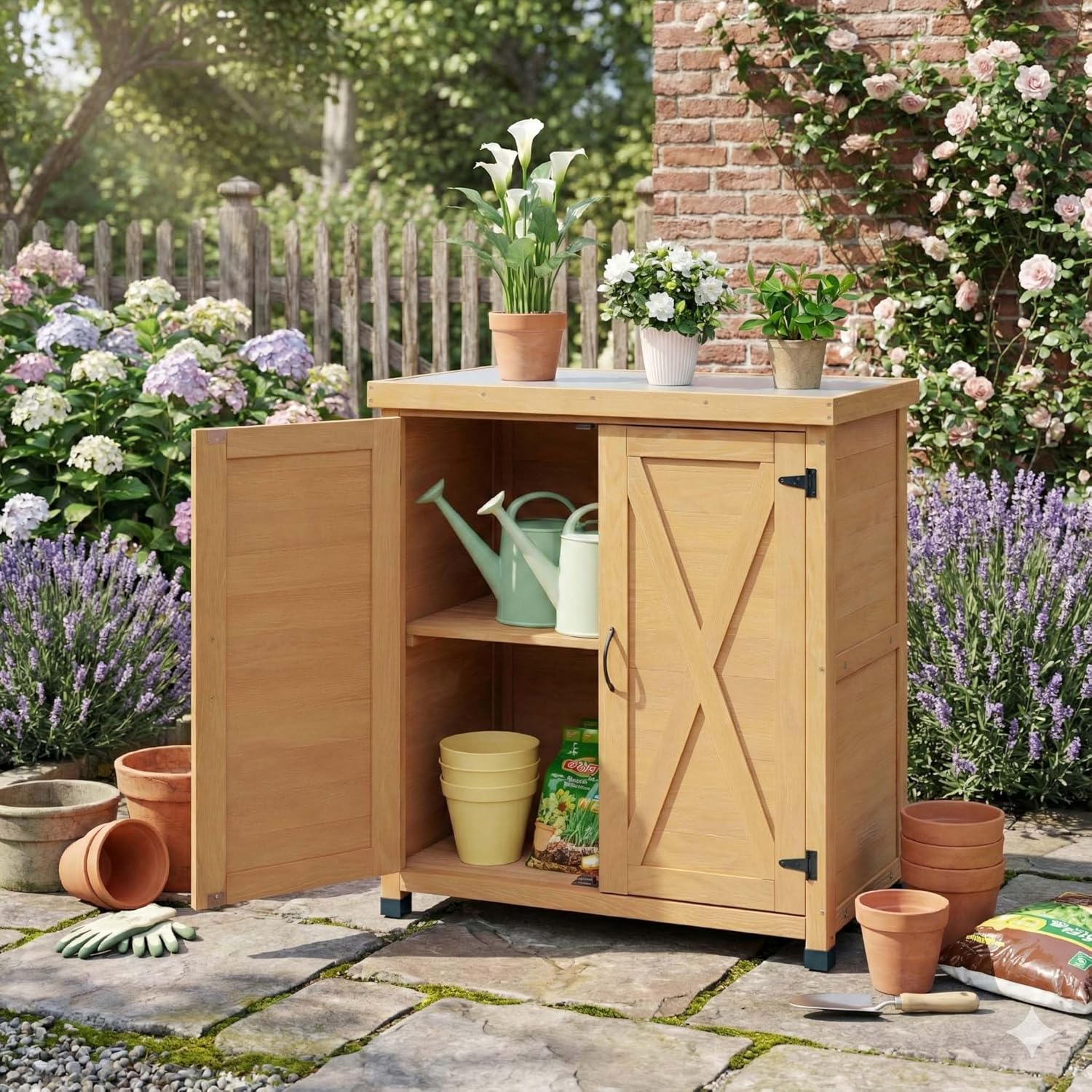 Outdoor Potting Bench with Storage, Metal Potting Tables for Outdoors, Garden Table with Metal Table Top, Outdoor Cabinet for Patio, Garden, Balcony & Yard (Light Brown)