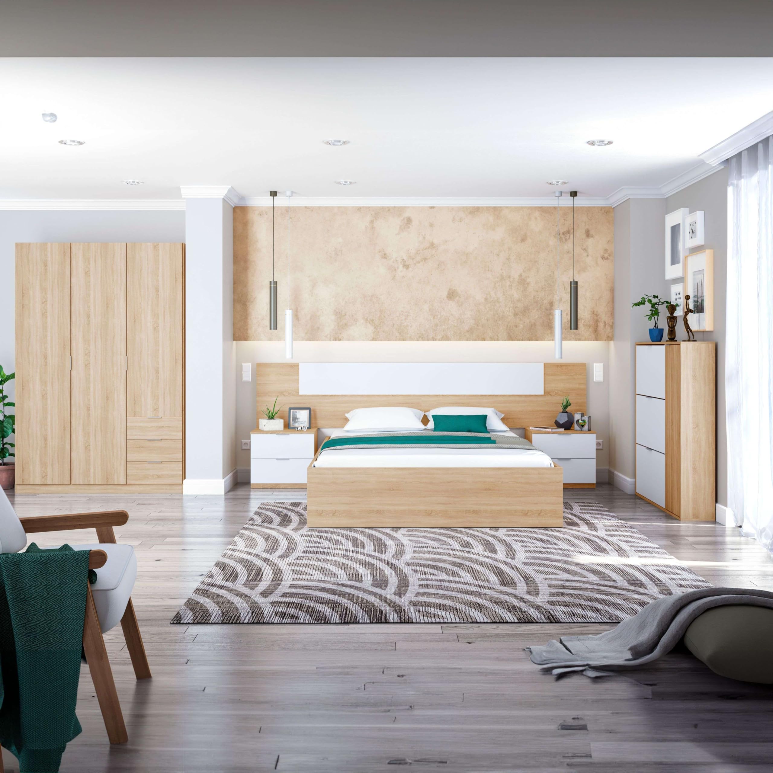 Habitdesign Armario Ropero 3 Puertas 3 Cajones, Armario Alto Dormitorio, 200x135x52 (AltoxAnchoxFondo - en cm), Color Roble Canadian