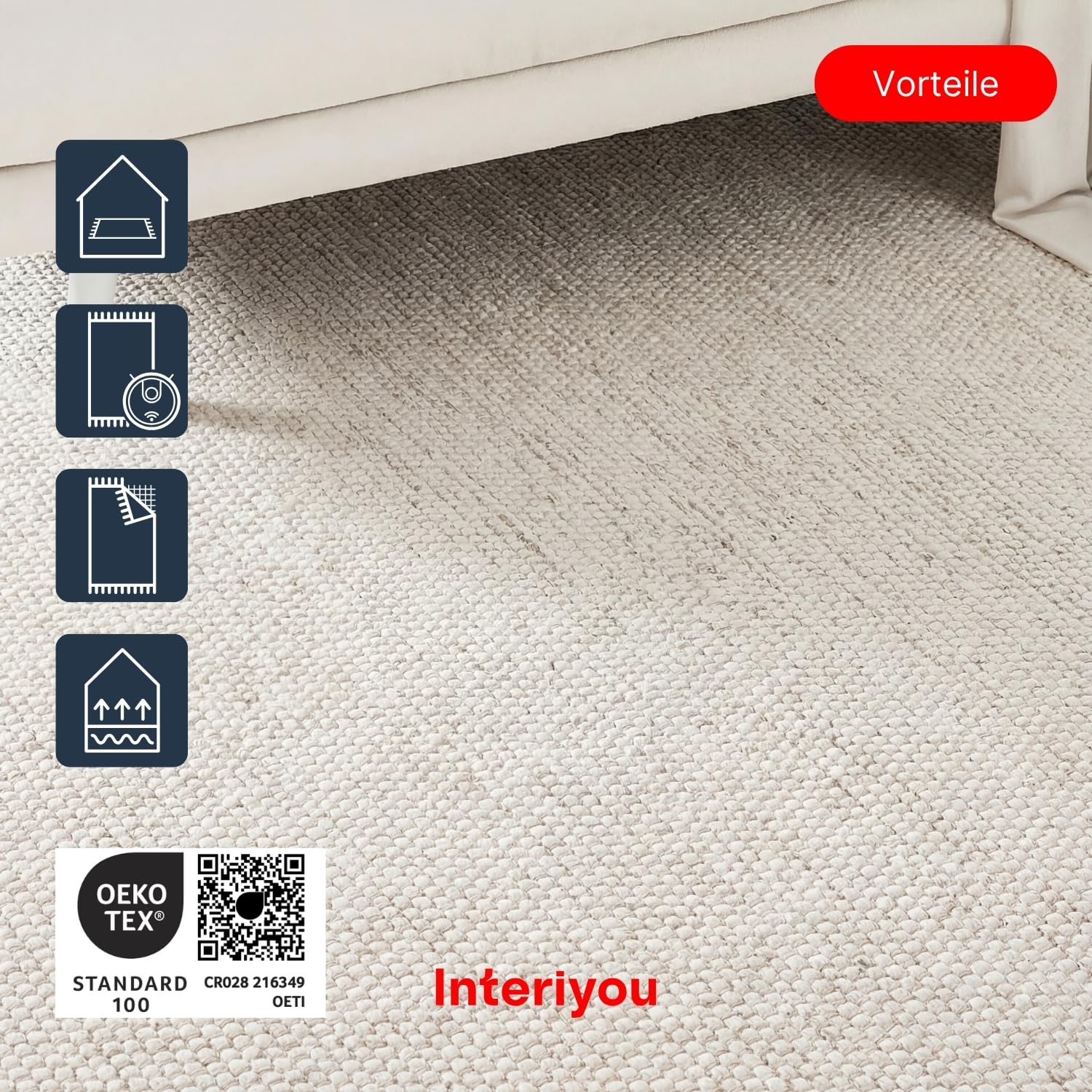 Interiyou handgewebter Baumwollteppich Riga - 120x170 cm Creme - Handwebteppich für Wohnzimmer, Schlafzimmer - 100% Handarbeit Naturfaser Teppich Flachgewebe