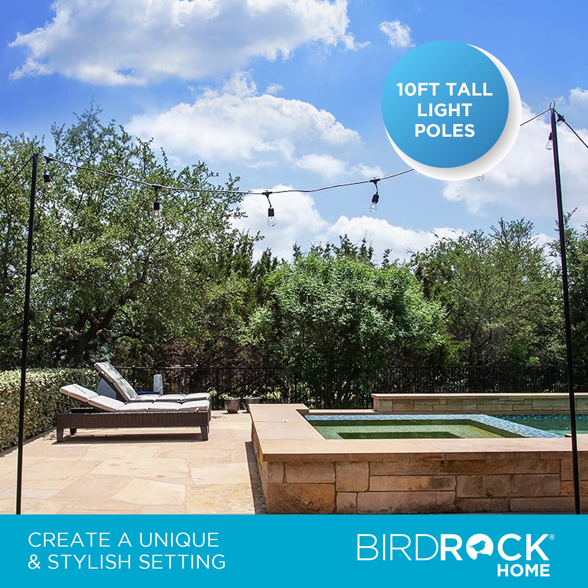 BIRDROCK HOME Lot de 2 poteaux pour guirlandes lumineuses d'extérieur – Résistants aux intempéries, durables, faciles à installer, poteaux robustes pour jardin, terrasse et arrière-cour – 3 m, noir