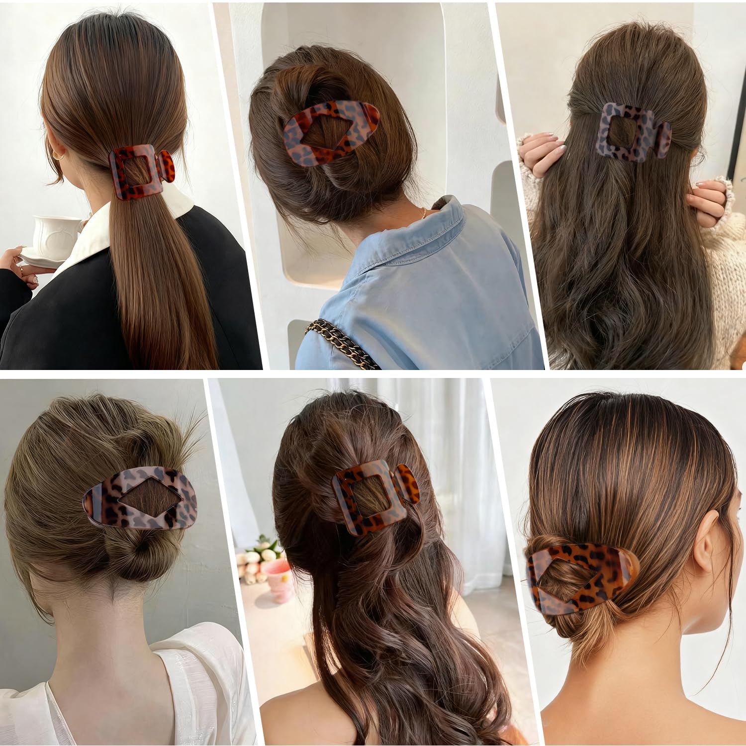 Flat Hair Clips Large Claw Clips for Thick Medium Thin Hair 8Pcs Square and Round Oval French Barrettes Duckbill Accessories for Women Girls Leopard Tortoise Shell Color - Image 2