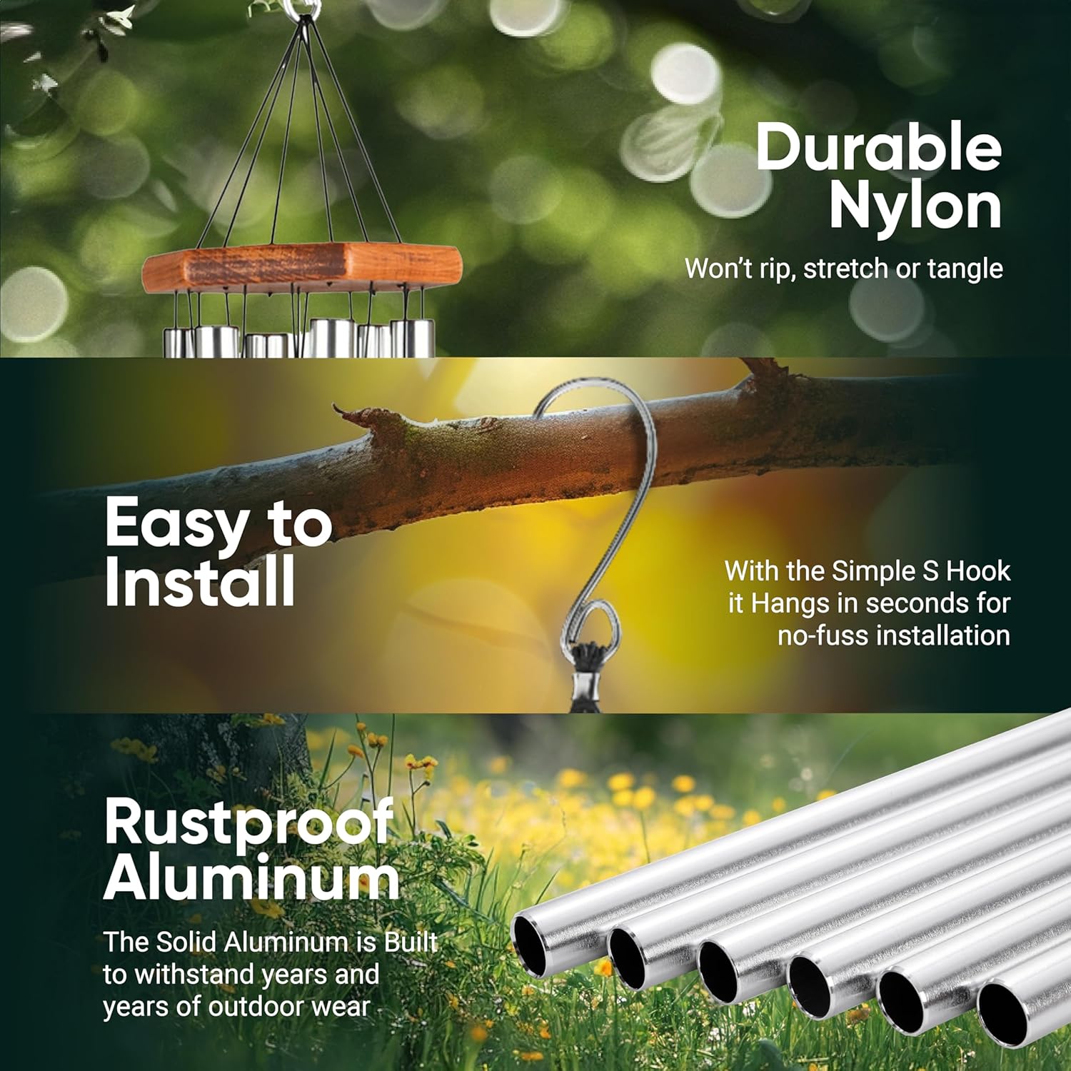 Nature’s Melody Premiere Grande Tunes Wind Chimes – Outdoor Windchime with 6 Tubes Tuned to E Pentatonic Scale, Rustproof Aluminum, Beech Wood & S Hook Hanger (Silver, 24 Inch)