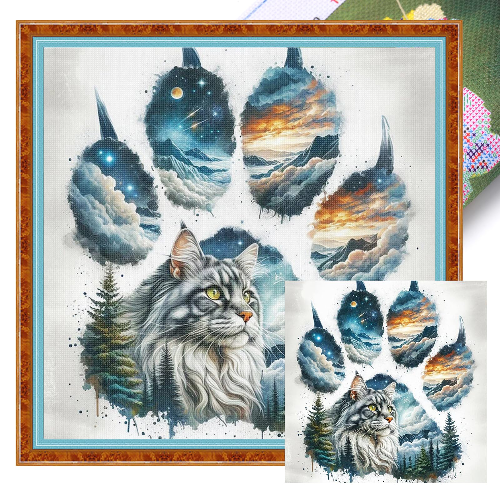 Poetrydraw Cat Paw Silhouette Cat Paw Full 11Ct 3 Strands Diy Stamped Cross Stitch Kits 40X40cm Embroidery Needlepoint Starter Kits For Beginners Adults Home Wall Decor (Cat Paw Silhouette)