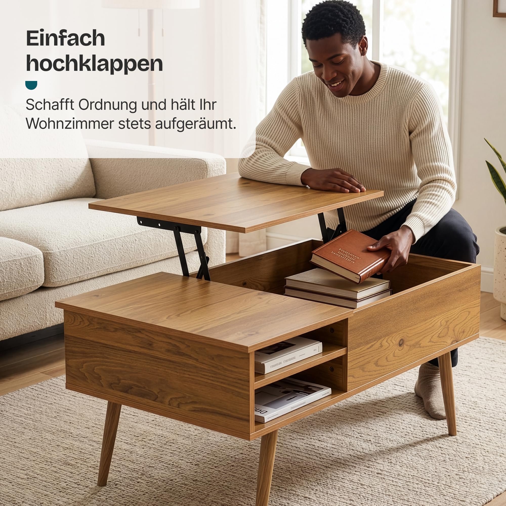 [en.casa] Couchtisch Vasdabod mit Liftplatte 96x59x50 cm Eicheoptik | Couchtisch mit Stauraum, höhenverstellbar, Beistelltisch, Wohnzimmertisch, Sofatisch, rechtekig, 2 offene Ablagefächer