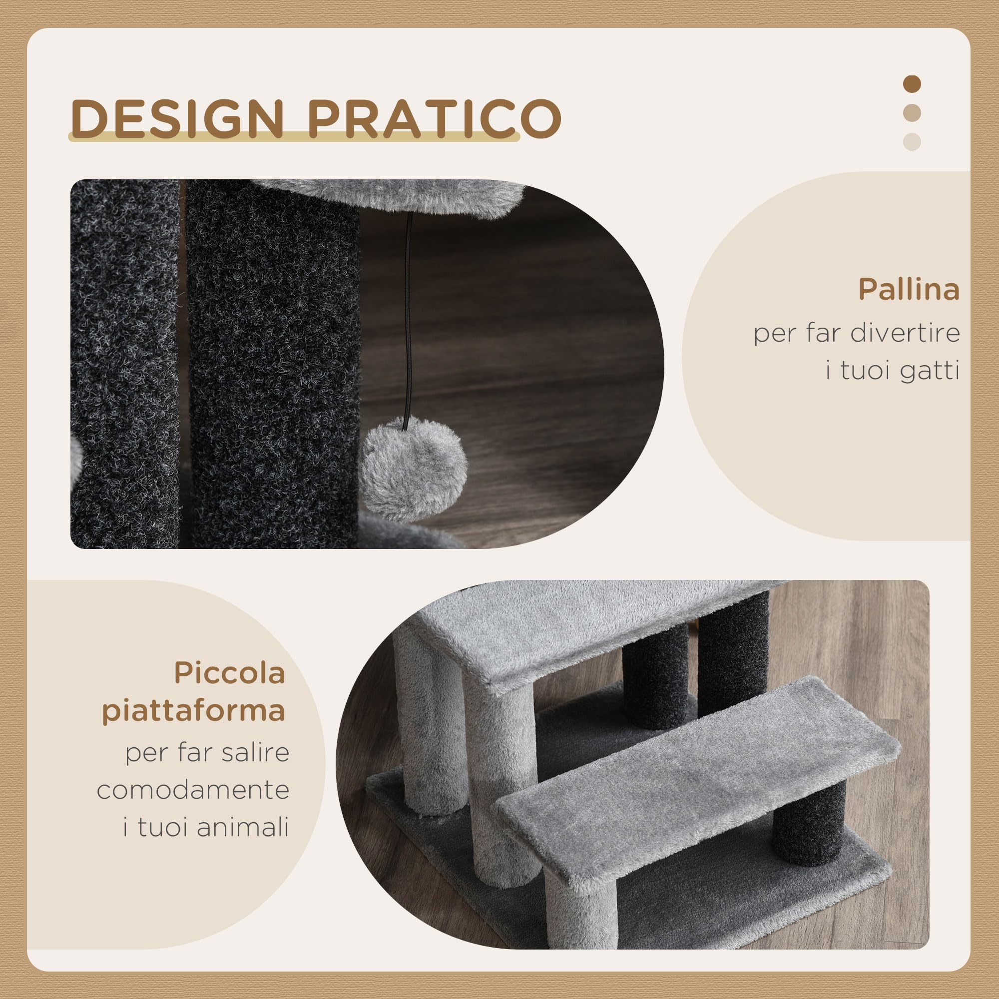 PawHut Scaletta per Gatti a 3 Gradini con Rivestimento in Flanella, Scala per Gatto e Animali Domestici Antiscivolo con Pallina, 45x40x48cm, Grigio