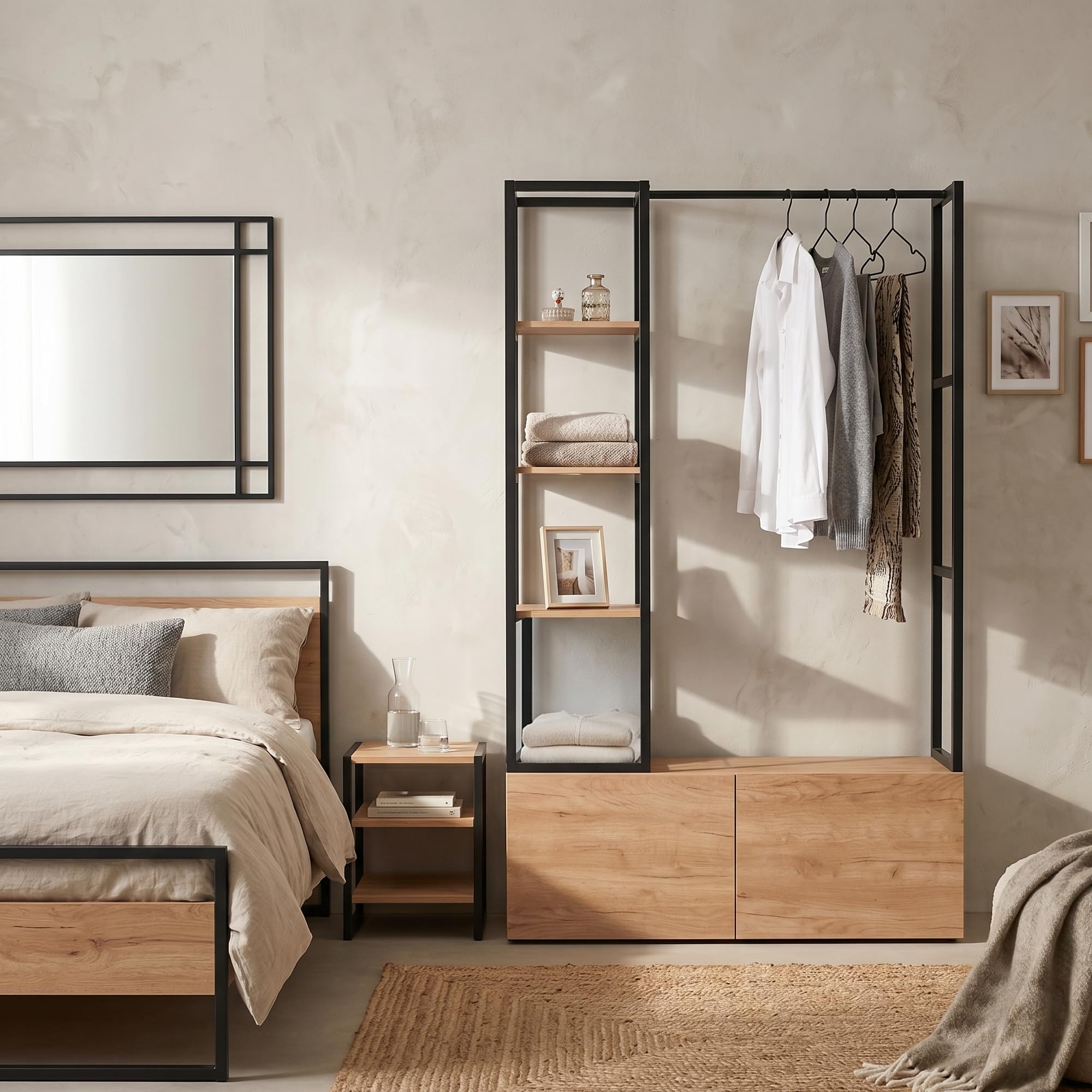 Offener Kleiderschrank System 120x180cm – Schmaler Kleiderständer 40cm Tiefe mit 2 großen Schubladen, Stabiler Garderobenständer Metall & MDF in Holz-Optik, Schwarz/Natur