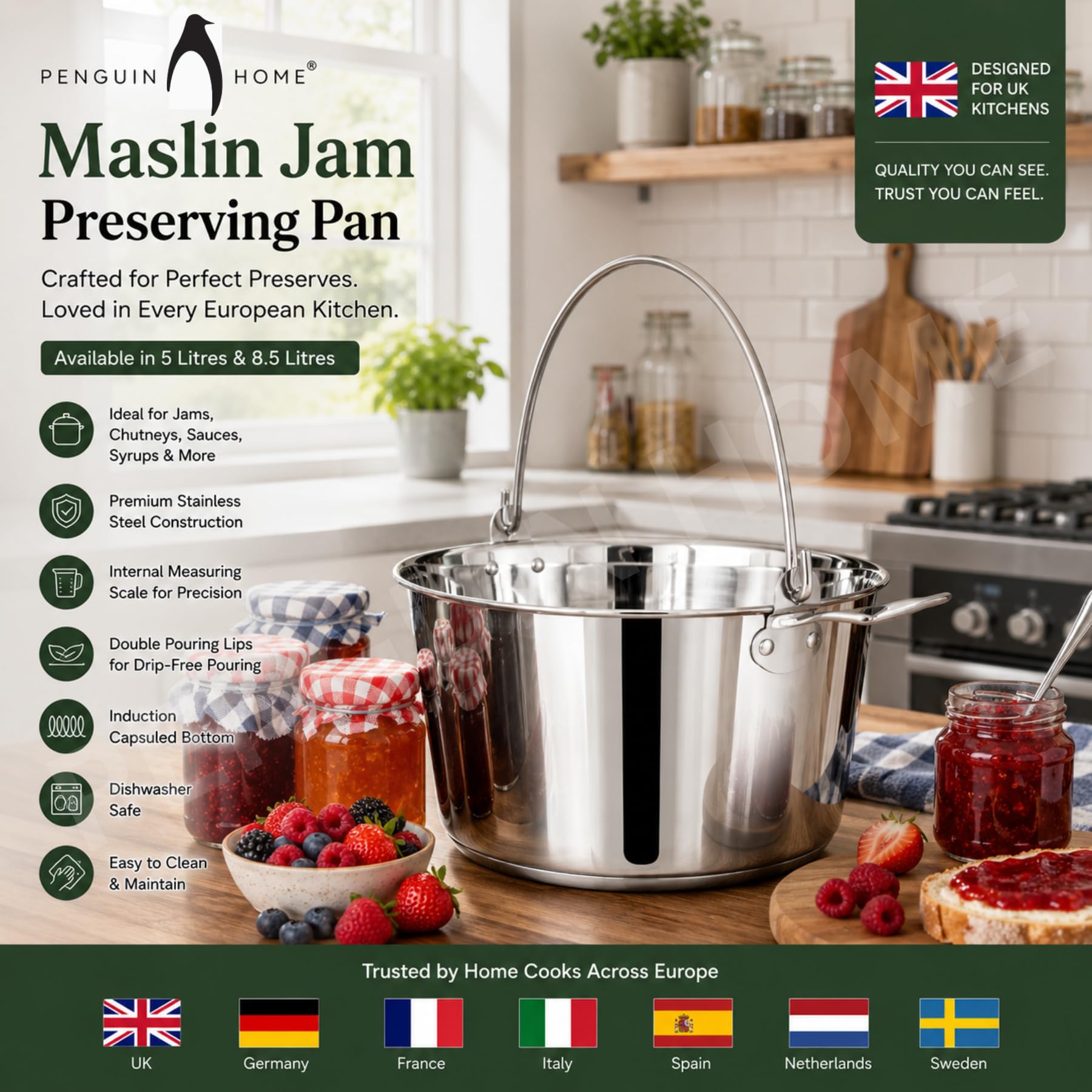 Penguin Home Professional Poêle à confiture/Maslin - Capacité de 8.5 litres - Acier inoxydable - Compatible avec toutes les plaques de cuisson - Diamètre 30,5 cm
