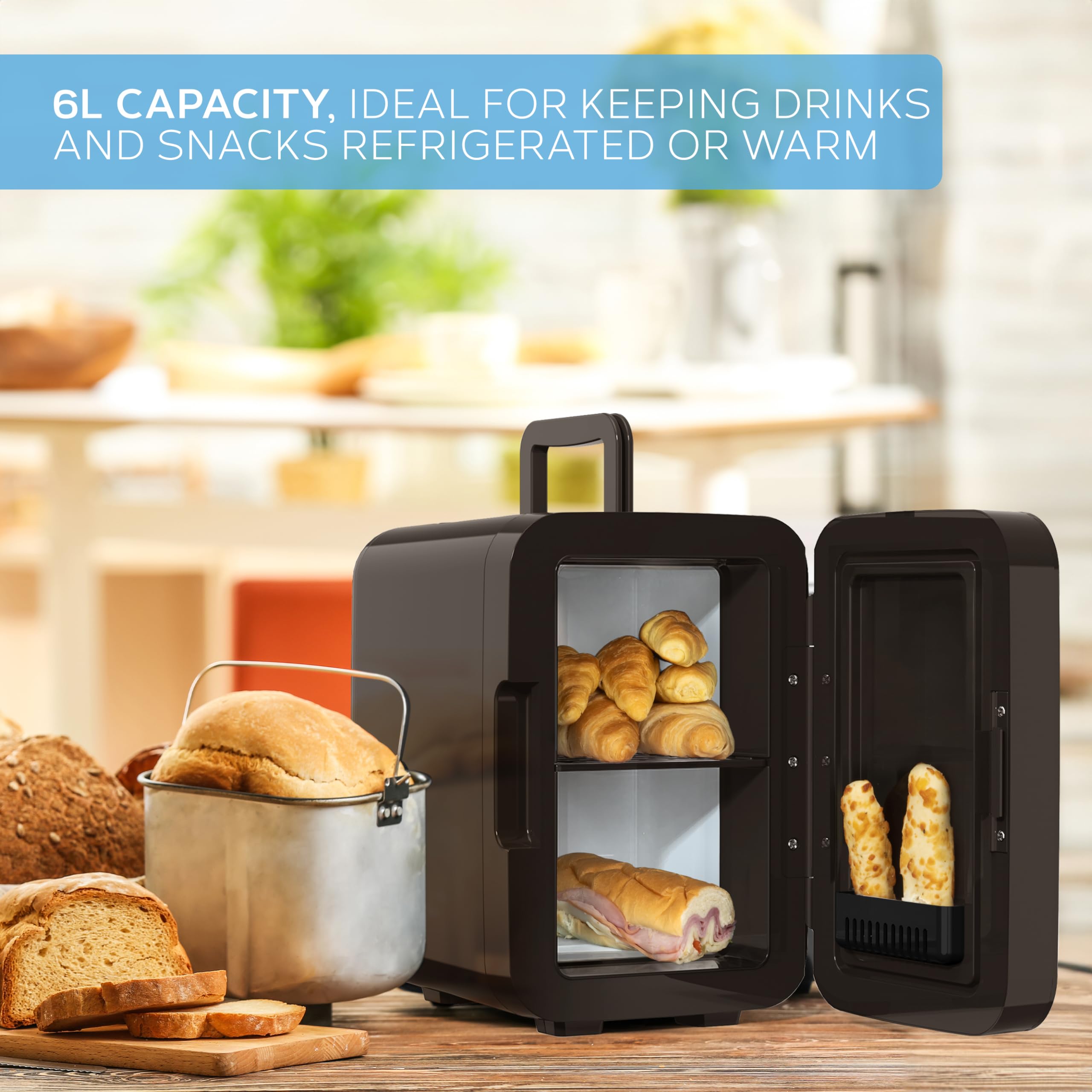 MONCOOK Mini Frigorifero - Piccolo, Portatile E Silenzioso - Minifrigo Con Porta In Vetro Per Cosmetici, Cibo E Bevande - Raffredda E Riscalda - Perfetto Per Casa, Ufficio O I Viaggi - 6L - Nero