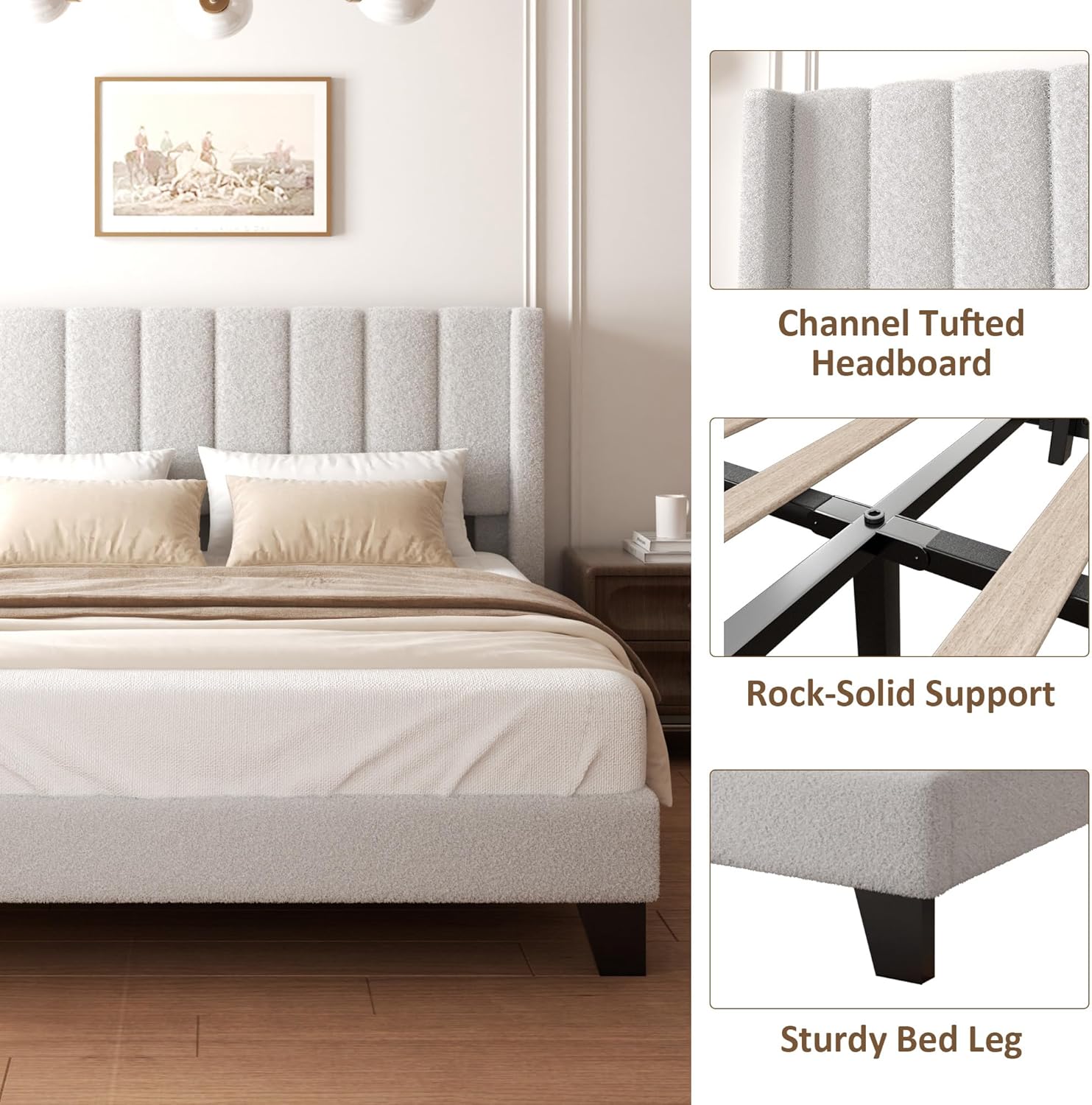 King Bed Frame with Headboard Upholstered Platform Bed Frame with Teddy Velvet Headboard, Wooden Slats Support/Wing Edge Design/No Box Spring Needed/Easy Assembly, Grey King - Image 5
