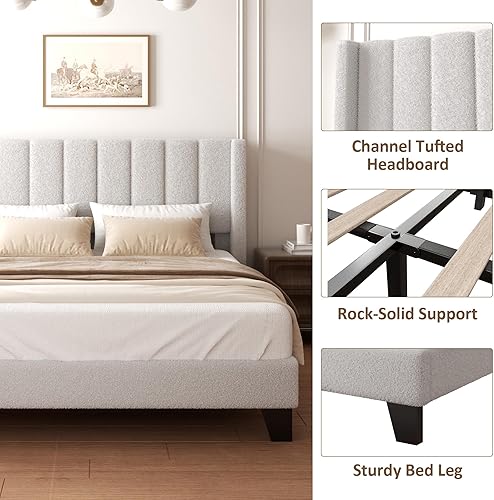 Miniatura 7 de Marco de Cama Queen con Cabecero Tapizado Marco de Cama de Plataforma con Cabecero de Terciopelo Teddy, Soporte de Listones de Madera/Diseño de