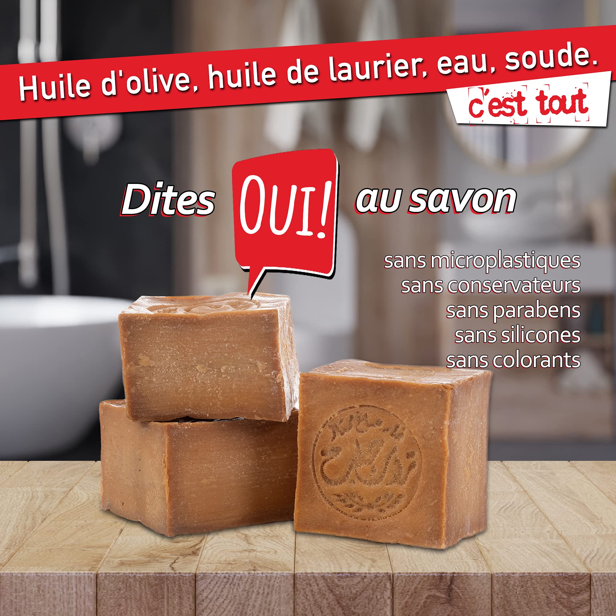 Natura Germania® Ensemble de 3 savons d'Alep originaux 90% huile d'olive / 10% huile de laurier, chacun d'environ 200 gr (environ 600 gr au total) + sac à savon en sisal | Savon naturel