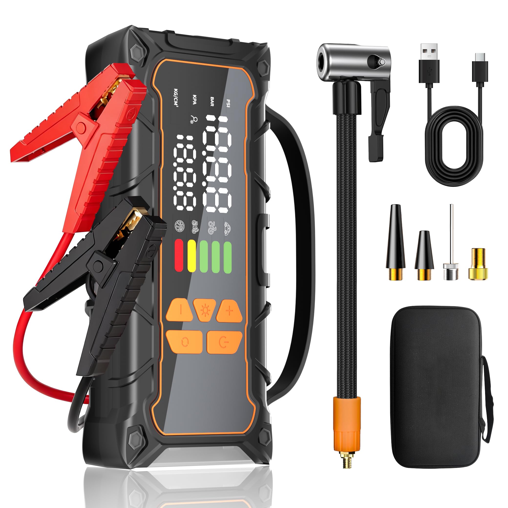 Battery Jumper Starter Portable, Jump Starter with Air Compressor-4000A 12V (7.0L Gas/ 6.0L Diesel) with 160PSI Tire Inflator, 10000mAh Jump Box Car Battery Jump Starter, Jumper Cables, LED Light