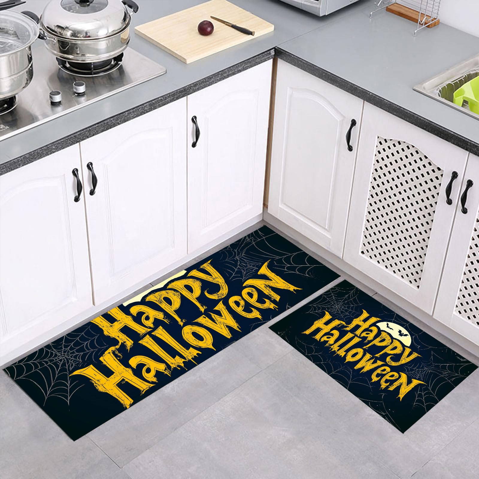 Tapetes de cocina de murciélagos para evitar resbalones con un set negro azul lavable de terror