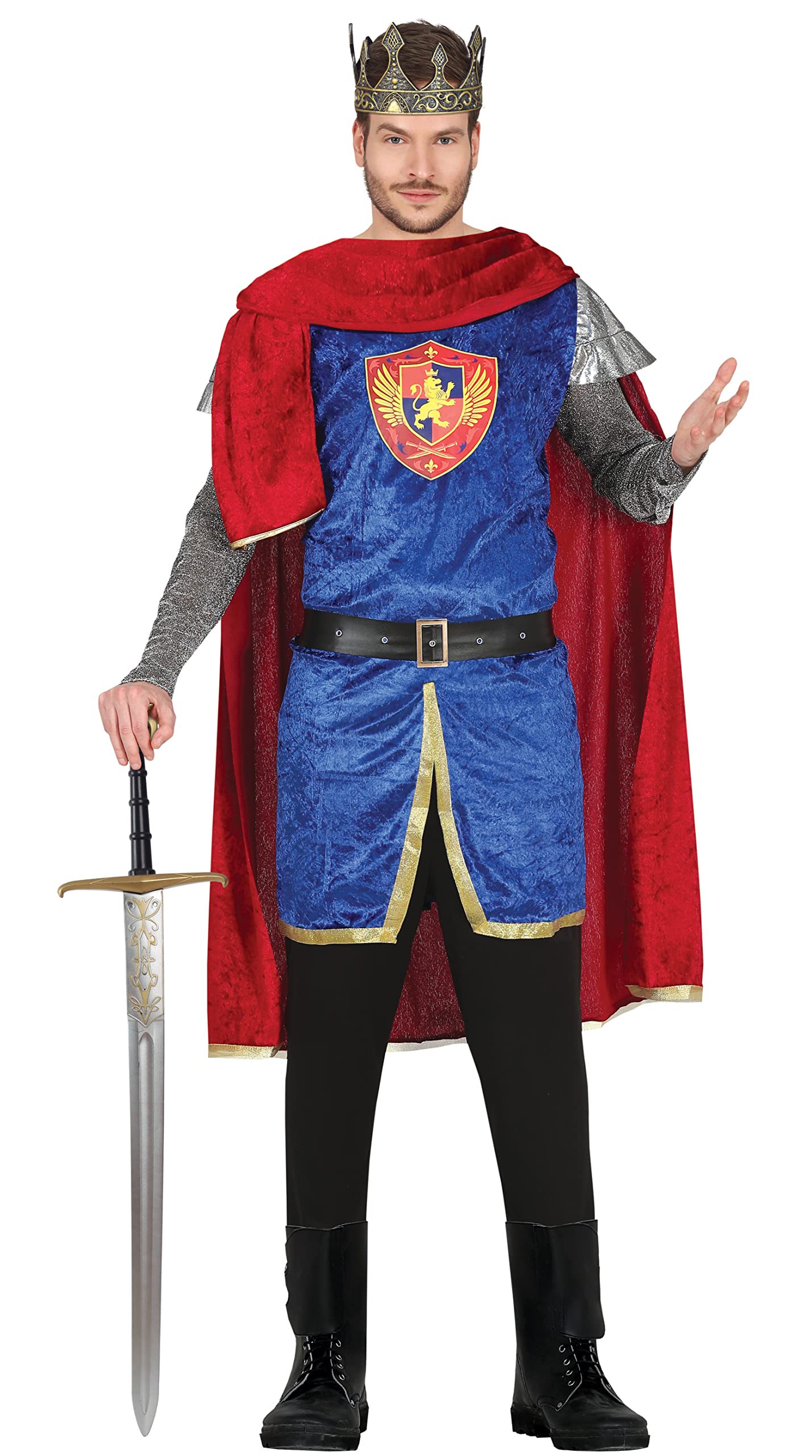 FIESTAS GUIRCA Disfraz de Rey Medieval Luis - Atuendo de Guerrero Rojo y Azul con Capa de Rey para Hombre Adulto Talla L 52-54