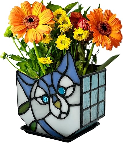 Maceta de gato de vitral, bonitas macetas para plantas, maceta pequeña con diseño único de cara de gato, decoración de terrario inclinable, 4.6 x 3