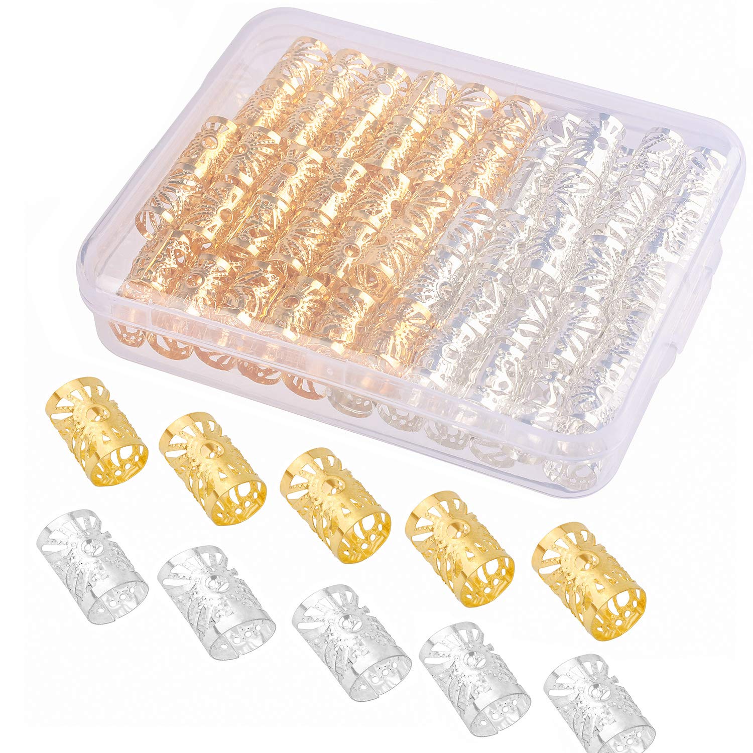 Whaline 100 Pack Aluminum Dread Locks Metal Hair Cuffs Adjustable Dreadlocks Beads Braiding Hair Decorations with Storage Box, Gold and Silver Free Size