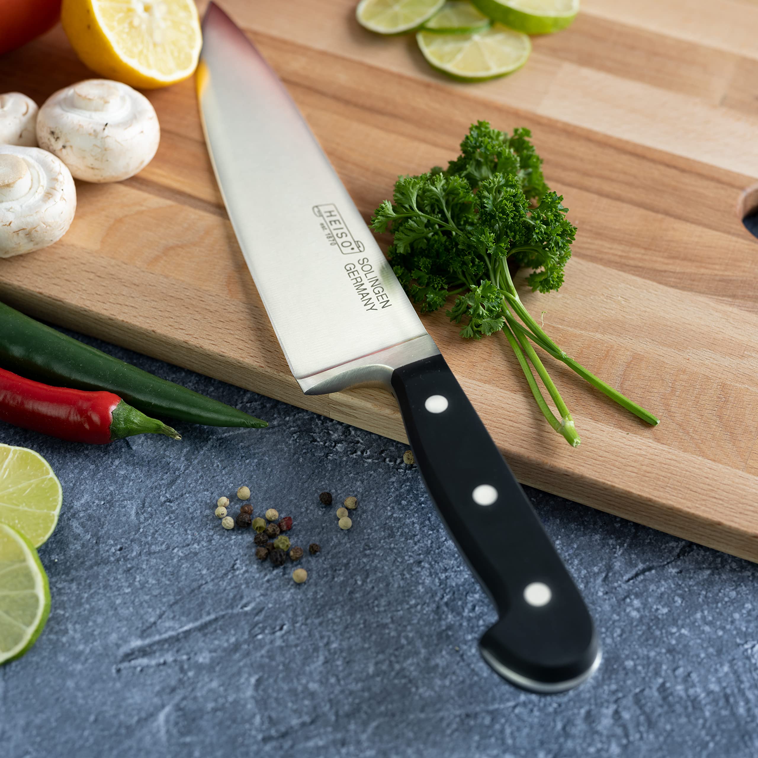 HEISO Kochmesser - handgeschmiedet in Solingen - rostfreie 21cm Klinge - Chefmesser mit extremer Schärfe - mit kostenlosem Nachschleifservice
