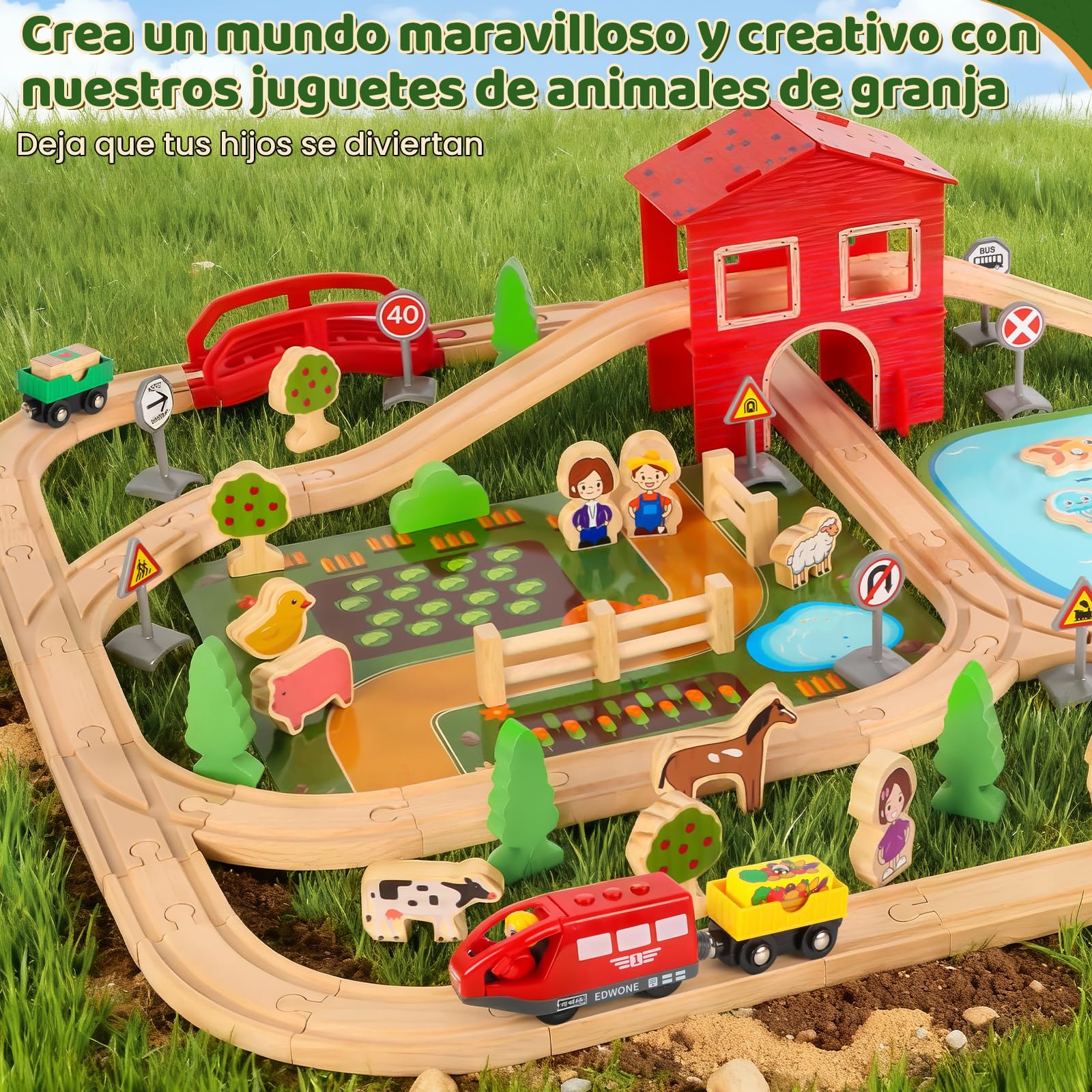 Juego de Tren de Madera, 100 Piezas Tren Madera Juguete, Granja Juguete Donde se Puede Pescar con Estanque, Granja, Animalitos Cumpleaños y Navidad para 4 5 6 7 8 Niños