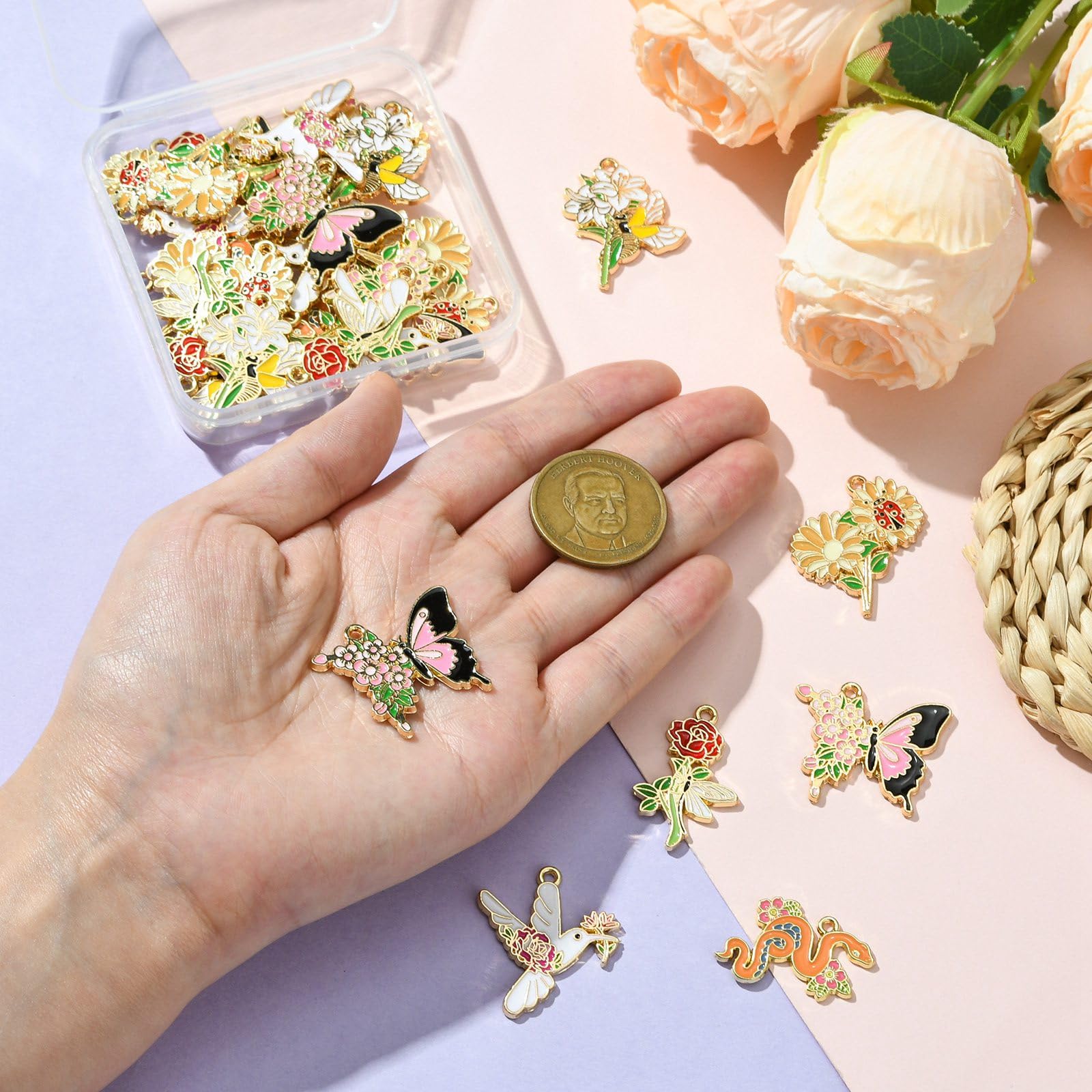 Stiesy 30Pcs 6 Styles Enamel Flower Animal Charms Butterfly Ladybird Snake Bird Charm Pendant Insect with Plant Bracelet Charms for Jewellery Making Crafting DIY Necklace Earring Presents - Image 4