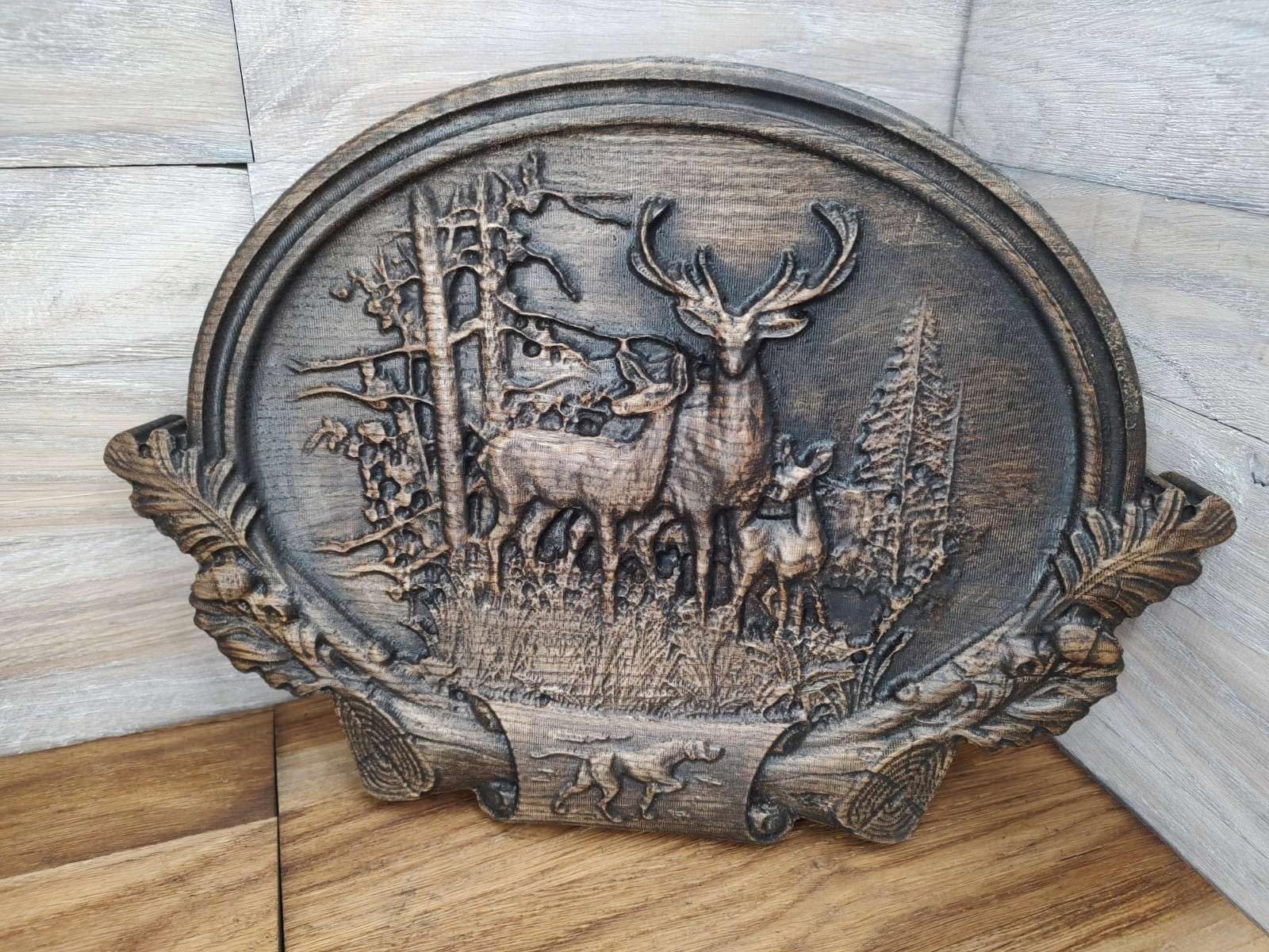 Peinture en bois de cerf tableau forêt 80cm décoration murale pour passionné chasse faune