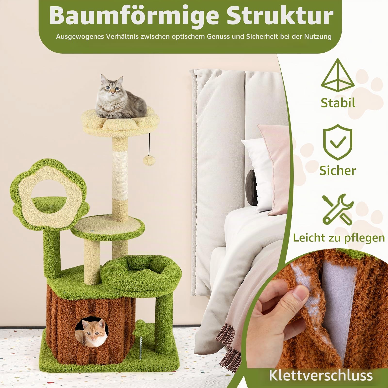 FANTASK Mehrstufiger Katzenbaum, Kratzbaum mit Katzenhöhle, Plattformen, Plüsch-Schlafbett, Ball & Kratzsäule, Katzenmöbel, Grün + Braun (55 x 40 x 100 cm)