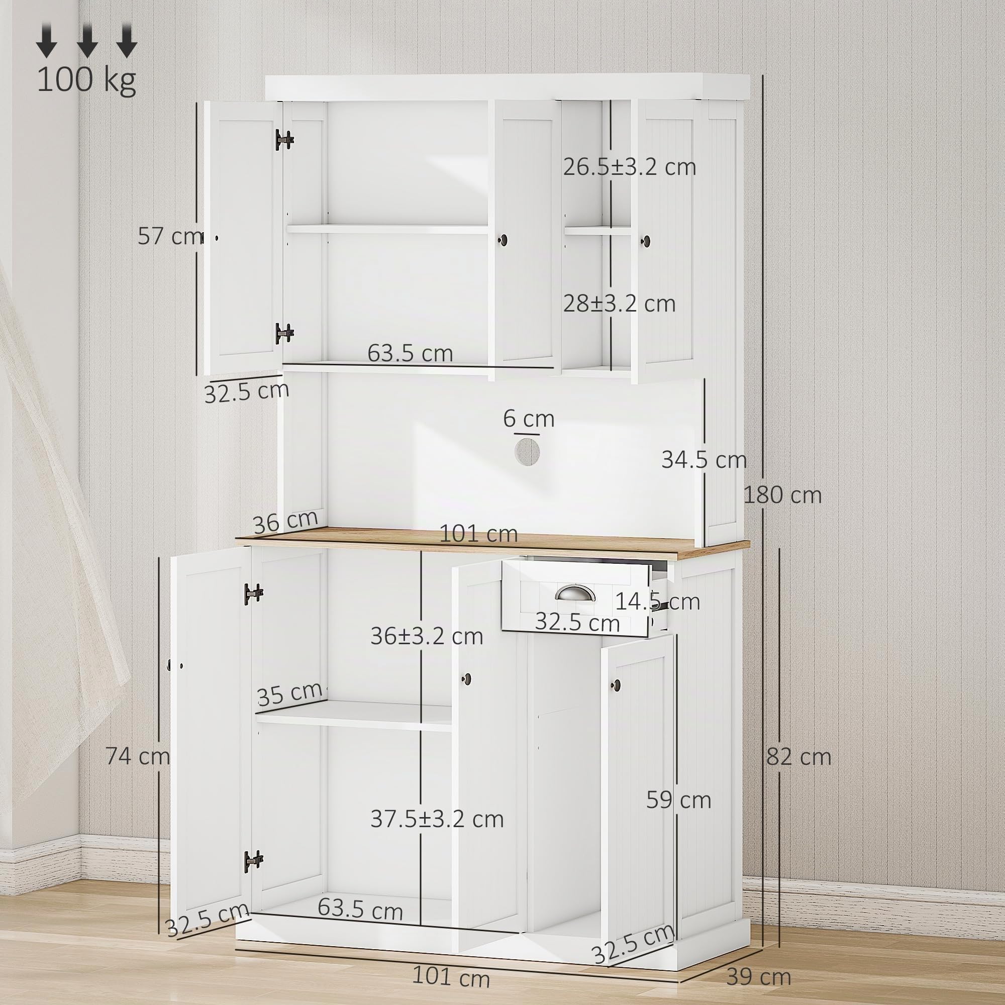 HOMCOM 180cm Armoire Cuisine 6 Portes, 101cm Large, tiroir, Blanc