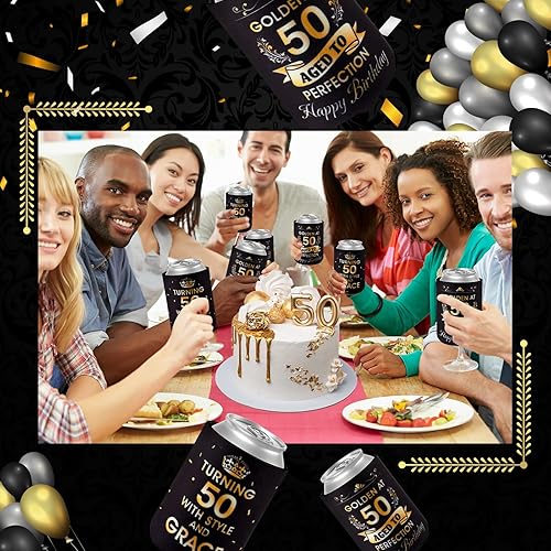 Miniatura 6 de 24 piezas de decoraciones doradas de cumpleaños número 50, recuerdos de fiesta de cumpleaños 50, fundas enfriadoras que giran 50 años con estilo y