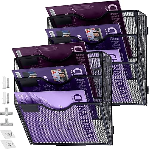 Paquete de 2 organizadores de archivos de pared de 3 bolsillos, organizador de correo, soporte de revistas, soporte vertical de malla para colgar