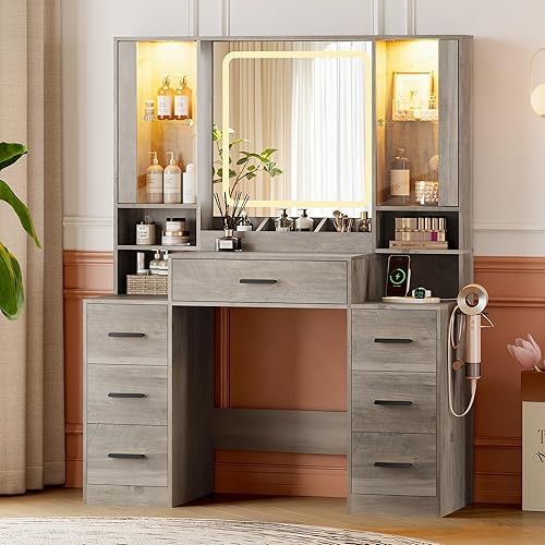 Miniatura 10 de Escritorio de tocador de maquillaje con espejo y luces, espejo de tocador blanco con luces escritorio y 7 cajones y armario de cristal LED, juego de