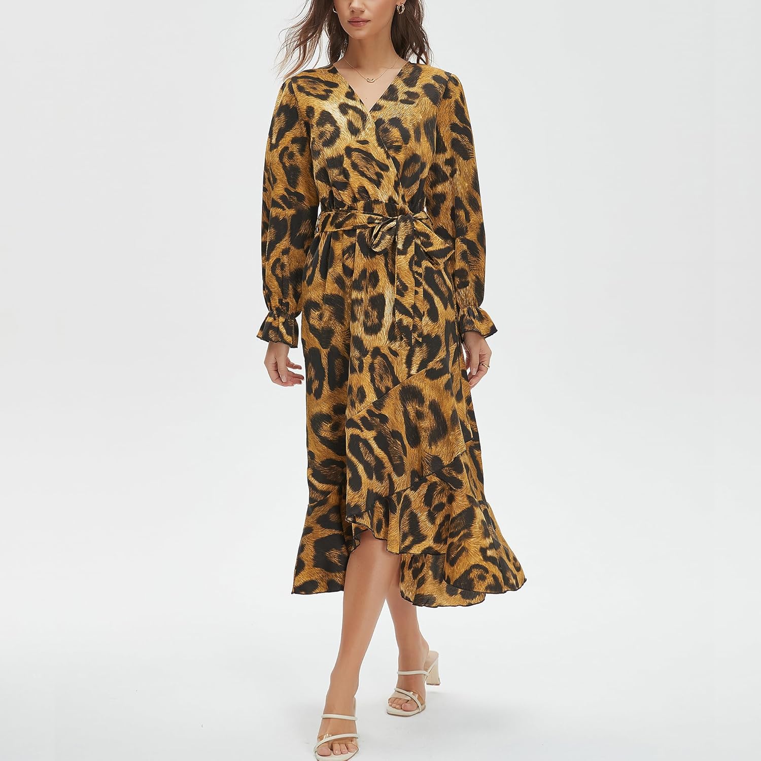 Women's Floral Bohemian Dress Long Sleeve Wrap V Neck Ruffle Flowy Maxi Casual Tie Waist Boho Asymmetrical Vacation Dresses - Image 3