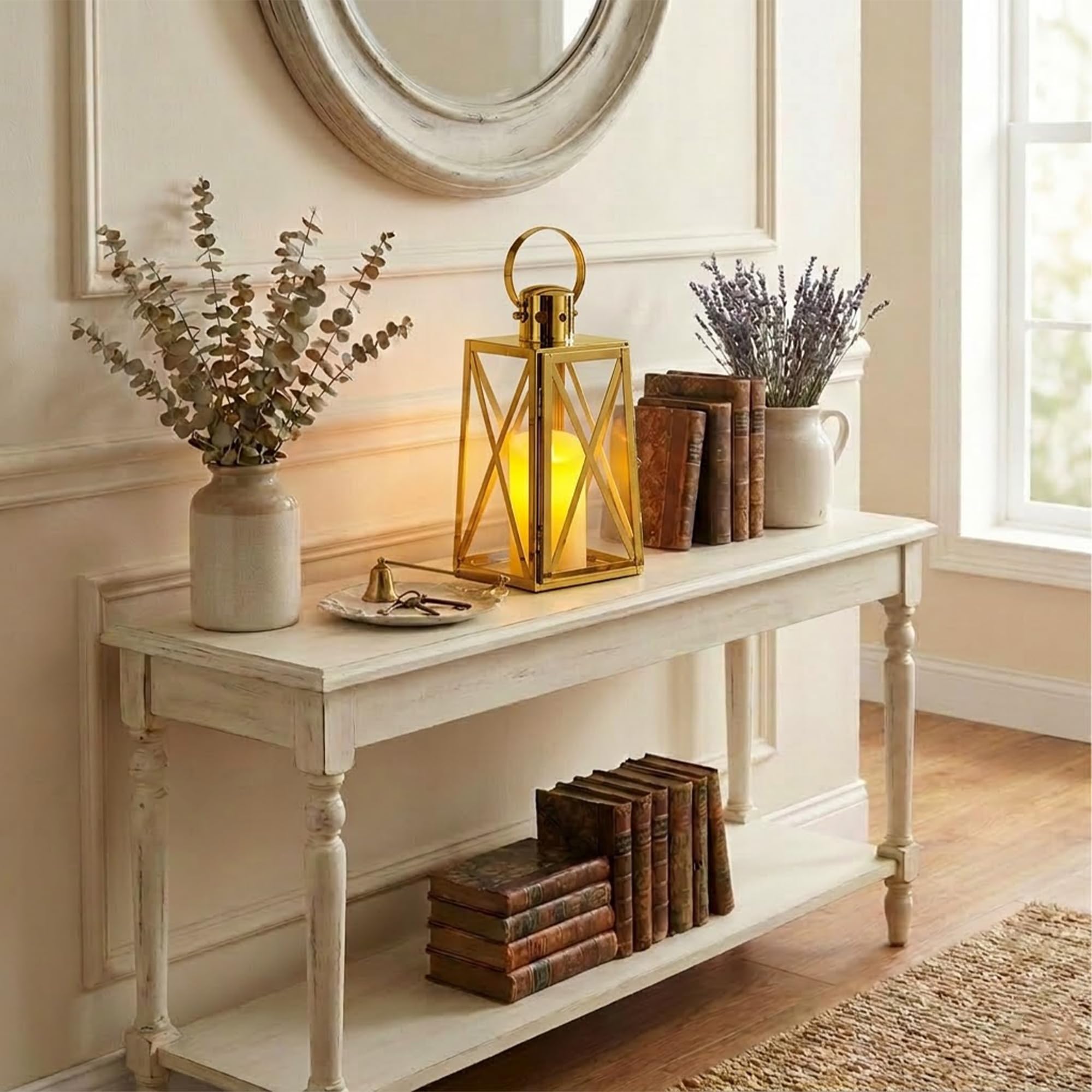 TRIROCKS Farol Decorativo de Acero Inoxidable 30cm Alto, Soporte para Vela con Vidrio Templado, Ideal para Decoración de Sala y Eventos (Dorado)
