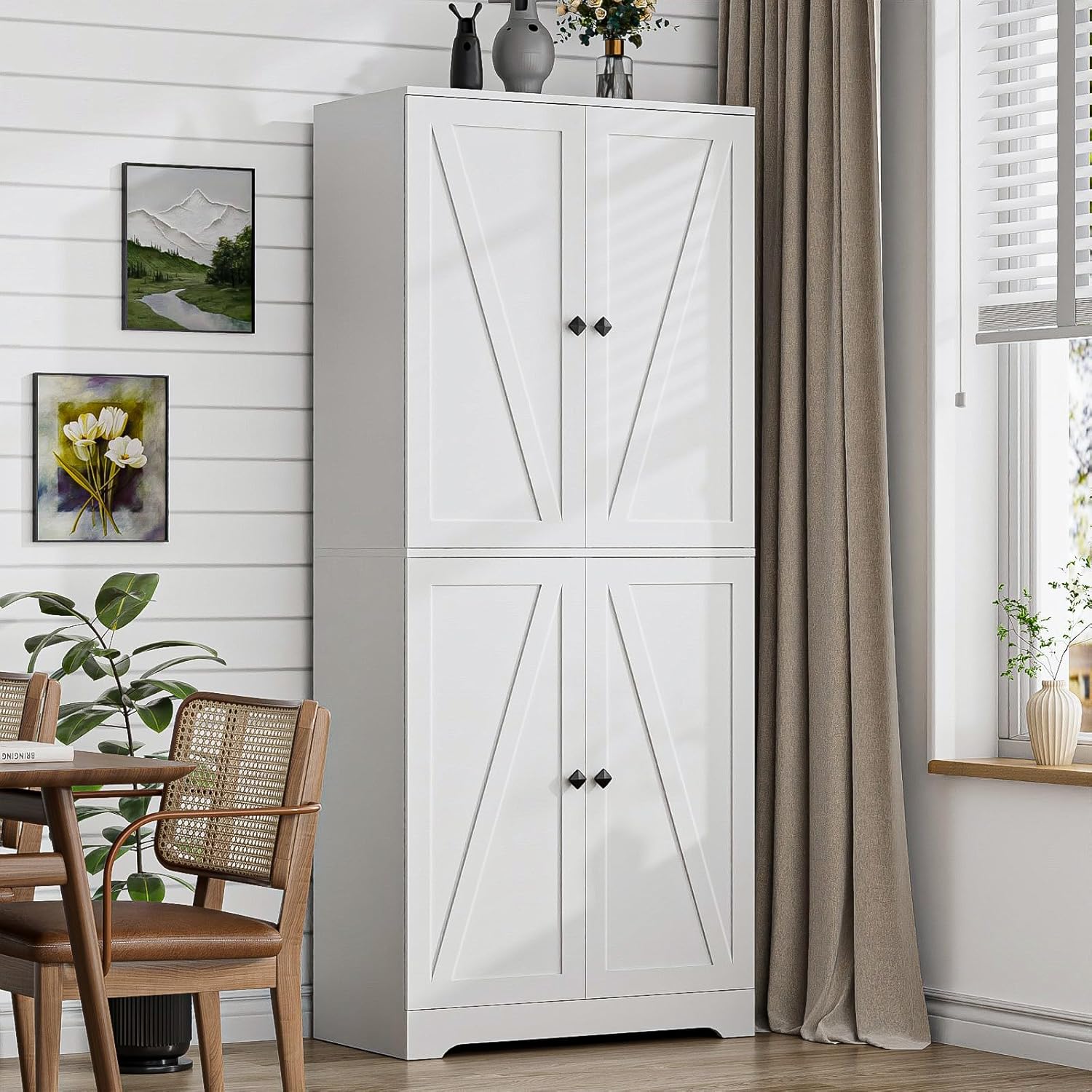 CARPETNAL 72" Tall Farmhouse Kitchen Pantry with Adjustable Shelves, Large Wood Storage Cabinet with Drawer & 2 Barn Doors, Freestanding Storage for Dining Room, Bathroom, Living Room, White