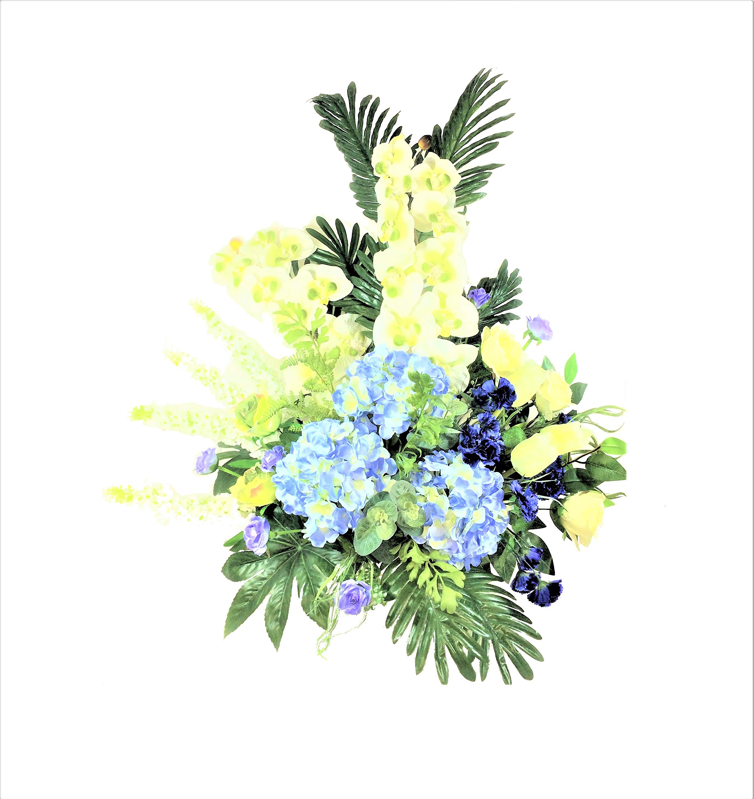 LBA Centro de Orquídeas Blancas y Hortensias Azules, Flores y Plantas Artificiales. 85x90x50 cms. Aprox. por la Calidad de Las Flores y Plantas utilizadas, el Aspecto es Muy Natural.