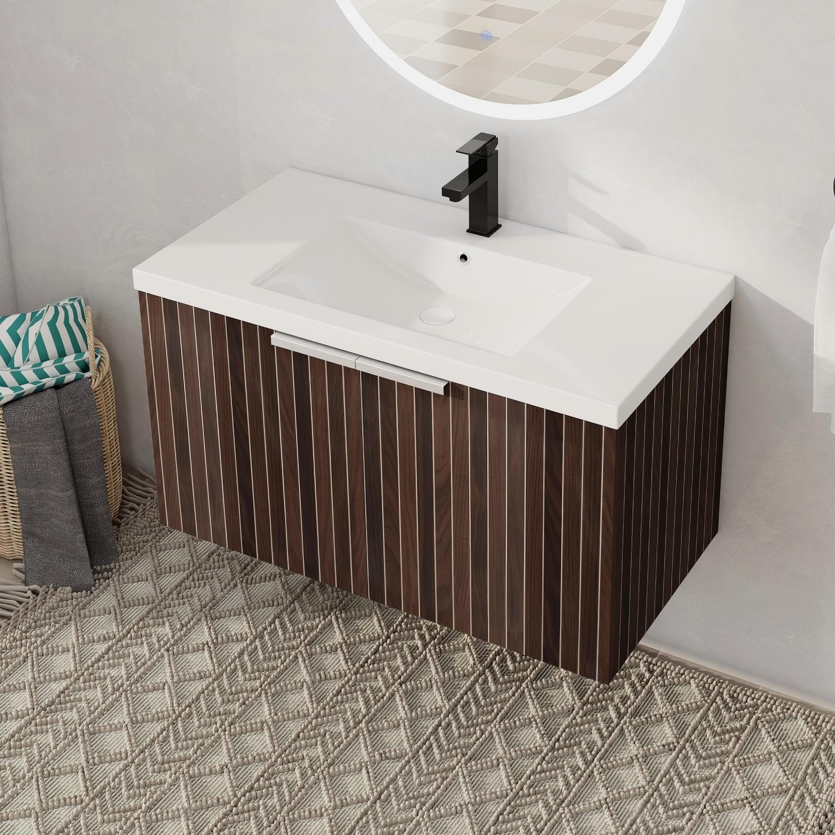 36" Bathroom Vanity with Sink, 36 Inch Floating Vanity, Single Sink Wall Mounted Vanity Combo, Modern Brown Bathroom Vanity Set with 2 Doors and White
