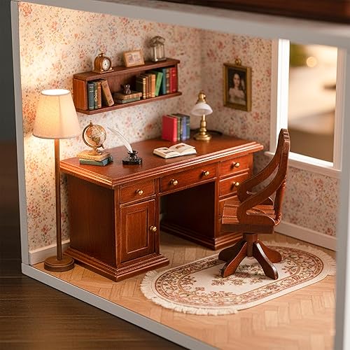Miniatura 3 de Miniature Dollhouse Office Desk Chair 112 Scale Miniature Wooden Writing Table Desk & Chair Furniture Accessories Mini Doll Retro Set
