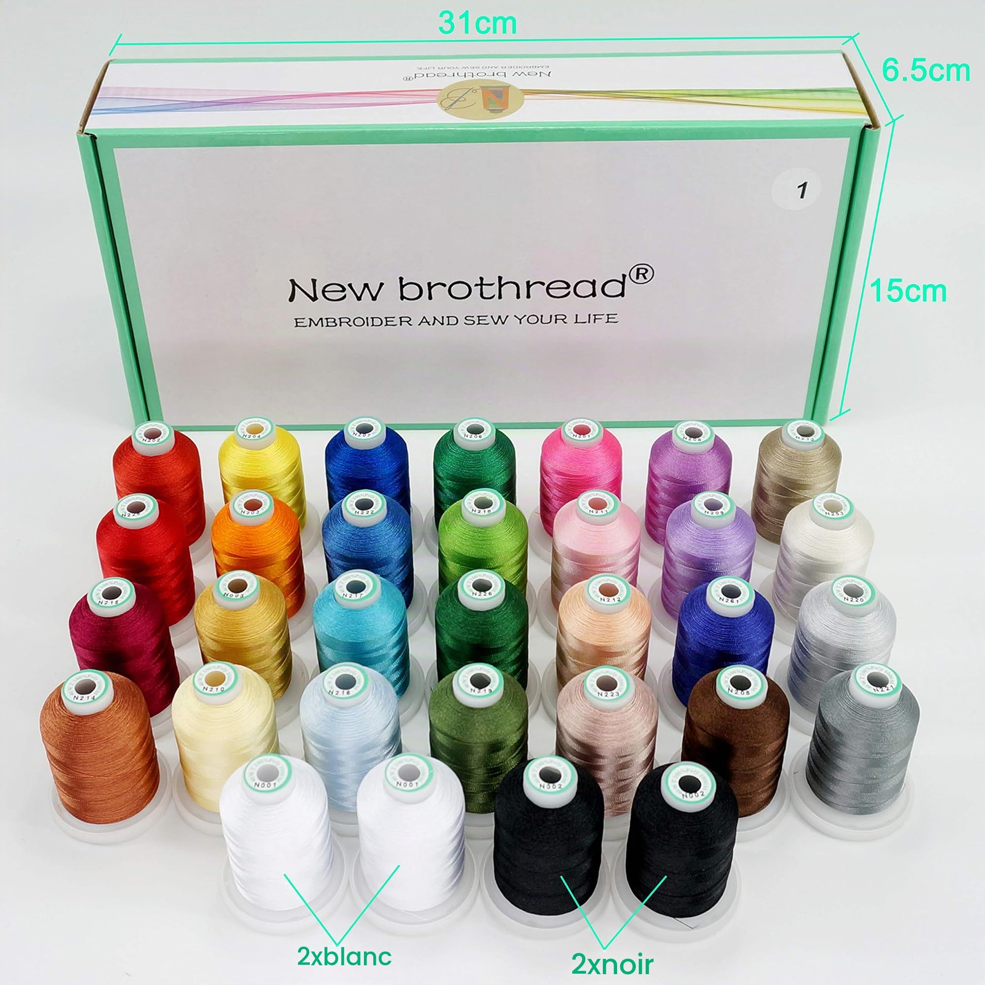 New brothread 32 Bobines Polyester Fil machine à broder 1000M chaque bobine - Nouvelles Couleurs Similaire aux Janome et RA Couleurs - Assortiment 1